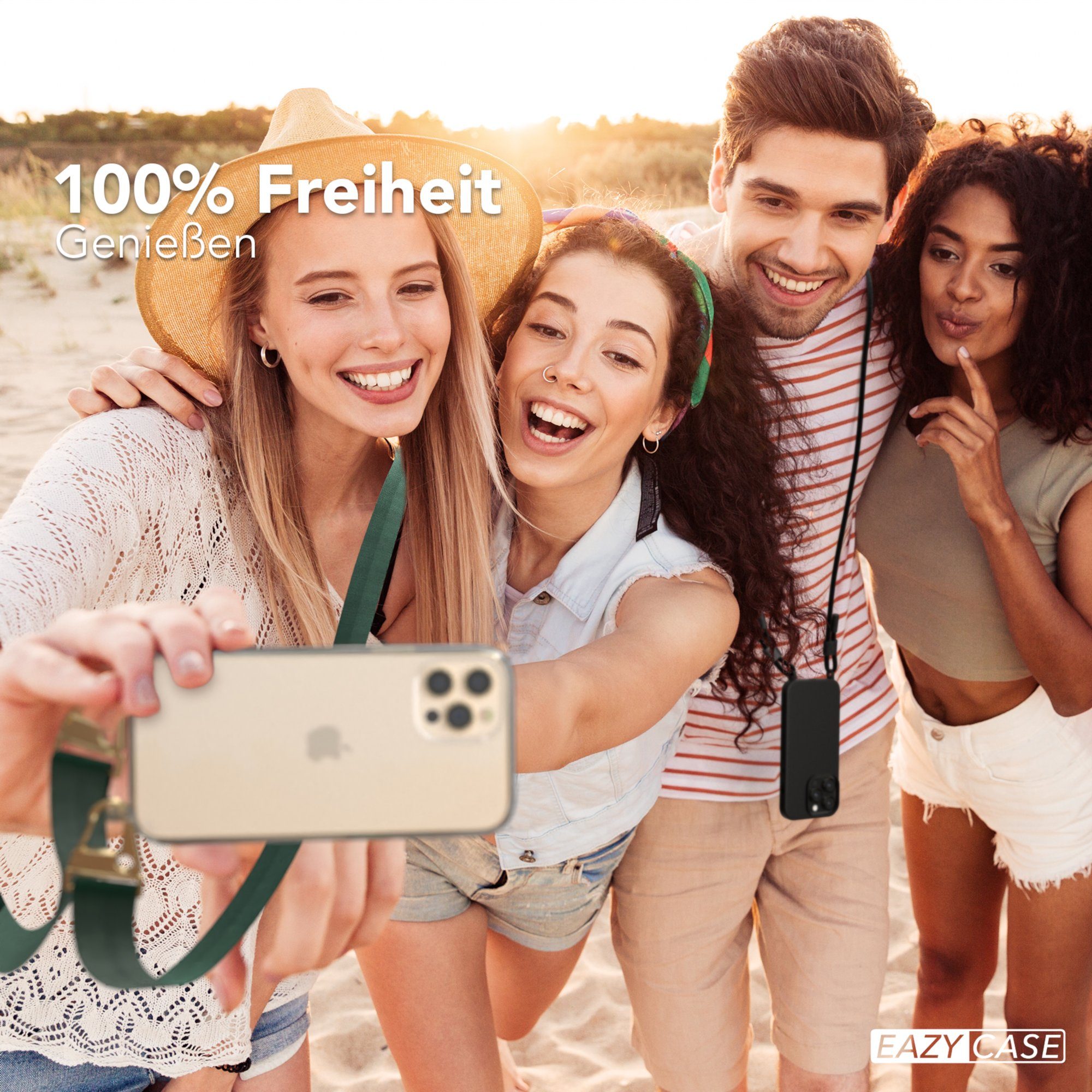 EAZY CASE Handykette Silikon Kette für Apple iPhone 12 iPhone 12 Pro 6,1 Zoll, Handytasche durchsichtige Silikon Hülle mit breitem Umhängeband Grün