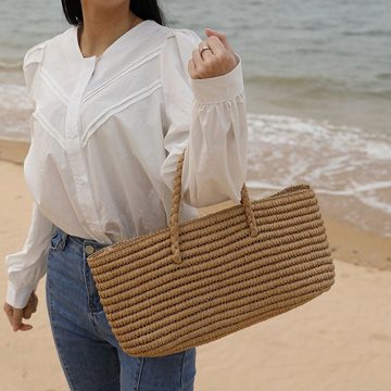 AUKUU Strandtasche Strohsack Strohsack Strohsack gewebter Beutel tragbarer, Gemüsekorb Damentasche große Kapazität Strandtasche am Meer