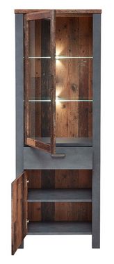 Vitrine CARDIFF, H 194 cm, Used Style Dark Dekor, mit 2 Türen und 1 Schublade, inkl. LED-Beleuchtung
