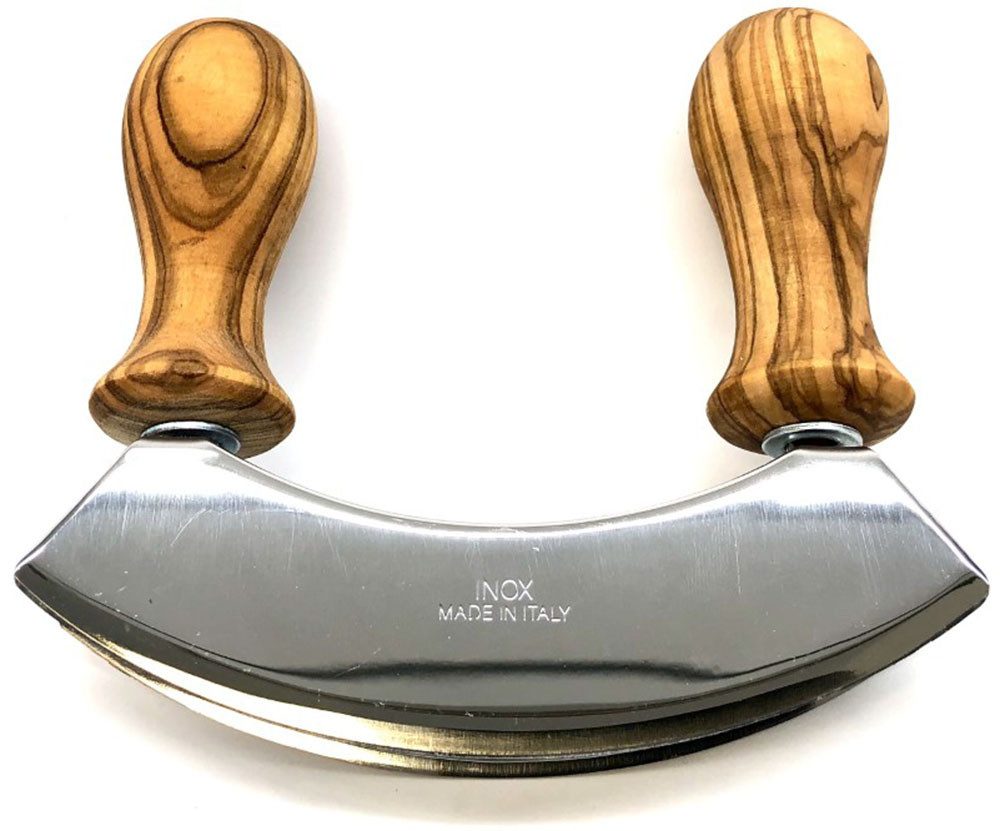 Olivenholz-erleben Wiegemesser DESIGN mit gedrechselten Griffen aus Olivenholz, Doppelklinge aus Edelstahl, gedrechselte Griffe, angenehme Haptik