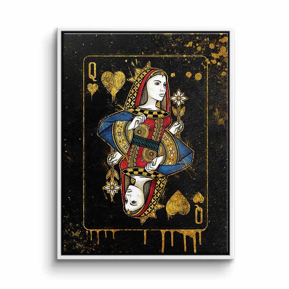 DOTCOMCANVAS® Leinwandbild, Leinwandbild Queen Card schwarz gold Königin Karte edel elegant mit pr weißer Rahmen