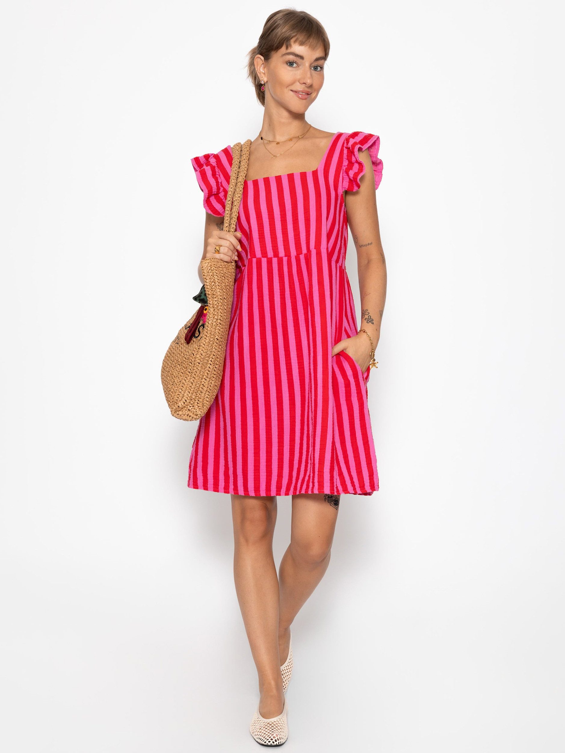 SASSYCLASSY Minikleid Gestreiftes Musselinkleid für Damen Kleid aus Musselin im Streifenmuster mit Rüschenärmel Rosa-Gelb Pink