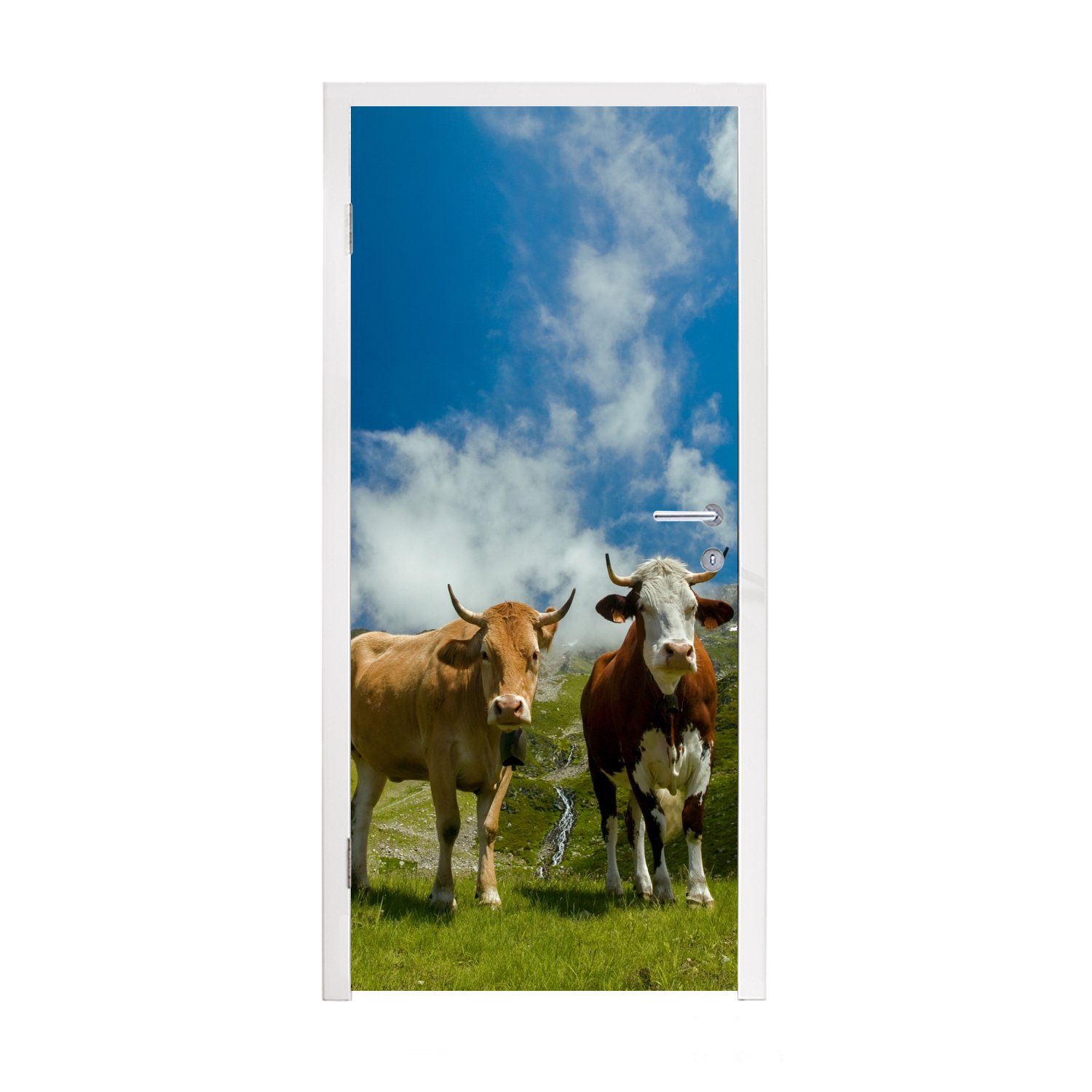 MuchoWow Fototapete Tür, (1 Sonne Landschaft, Matt, Türaufkleber, - bedruckt, für - St), Kühe Türtapete 75x205 cm