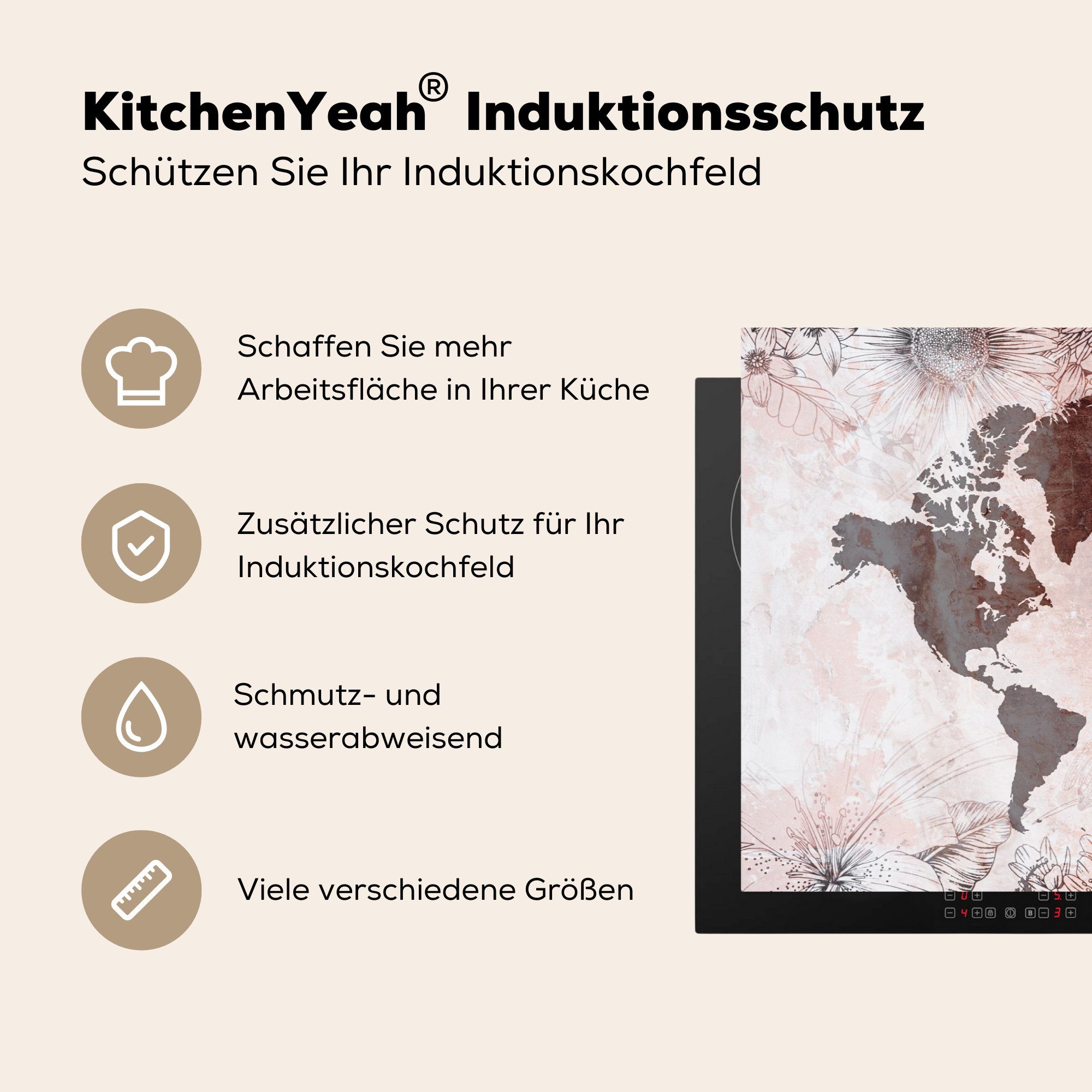 Vinyl, cm, die Vintage Weltkarte für - Schutz Induktionskochfeld Herdblende-/Abdeckplatte 81x52 küche, tlg), - Ceranfeldabdeckung Rot, (1 MuchoWow