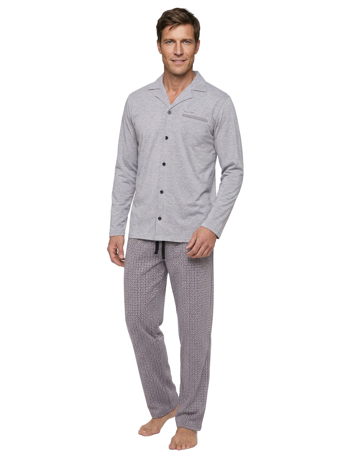 Henry Terre Pyjama Kent langarm - Hose dezenter Print Shirt uni Hemdkragen durchgeknöpft – Bild 2 von 5