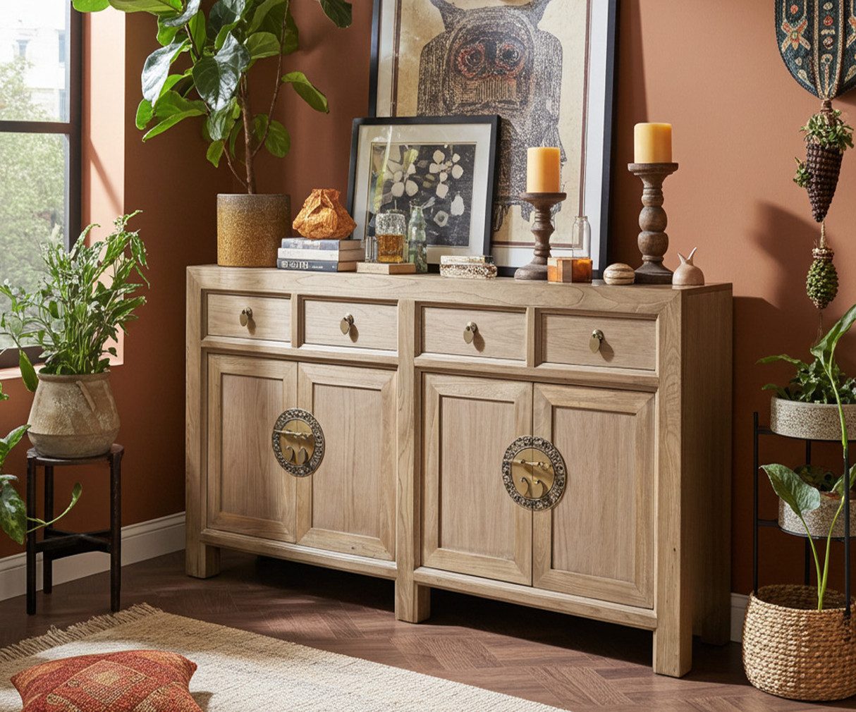 OPIUM OUTLET Sideboard Kommode Schrank Hochzeitsschrank Asia Möbel (Breite x Tiefe x Höhe: 150 cm x 40 cm x 85 cm, komplett montiert, natur-braun), chinesisch asiatisch orientalisch vintage