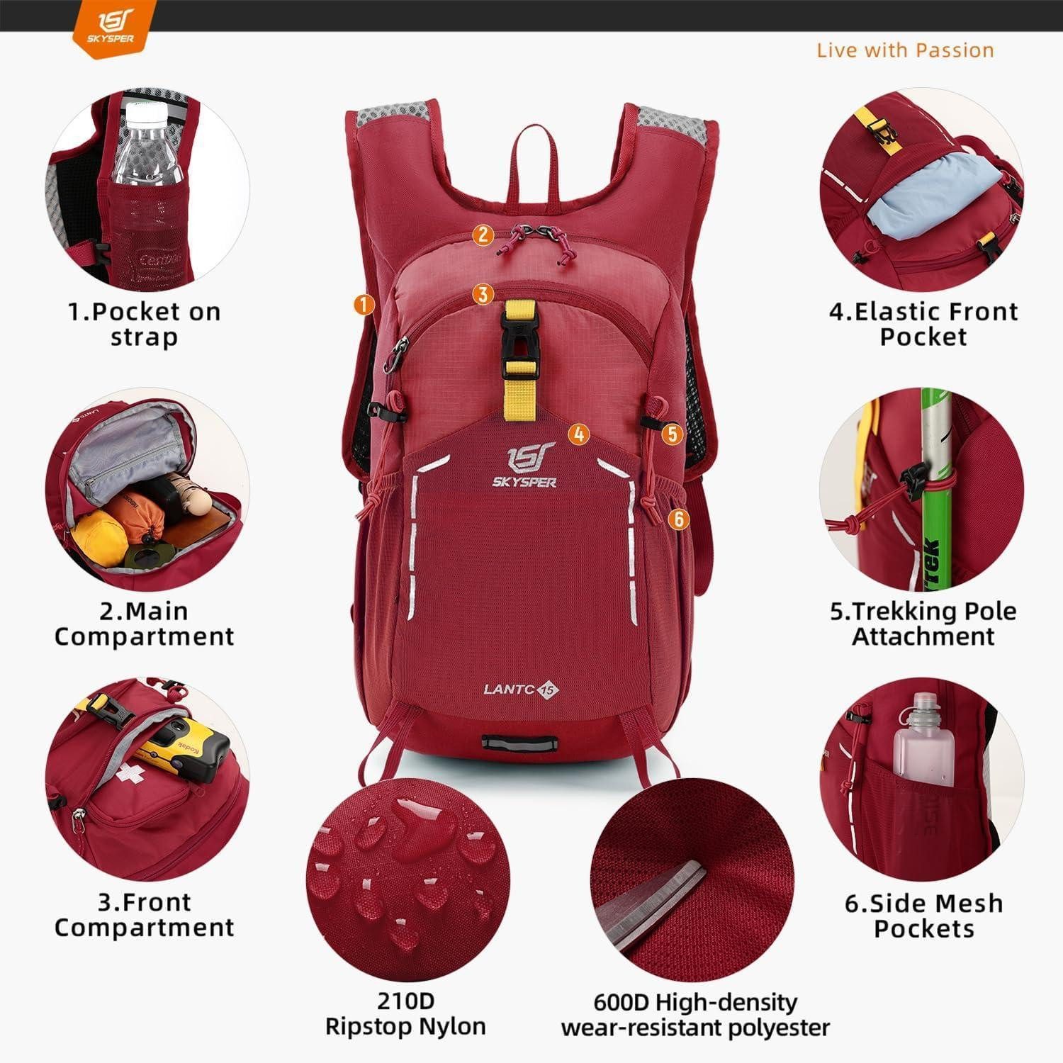 LuxusKollektion Wanderrucksack Wanderrucksack Herren Klein Tagesrucksack Trekking Outdoor 15Liter Rot