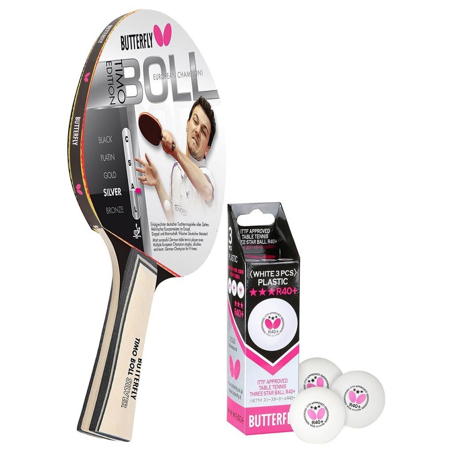 Butterfly Tischtennisschläger 1x Timo Boll Silber 85015 + М'ячі, Tischtennis Ракетки Set Tischtennisset Table Tennis Bat Racket
