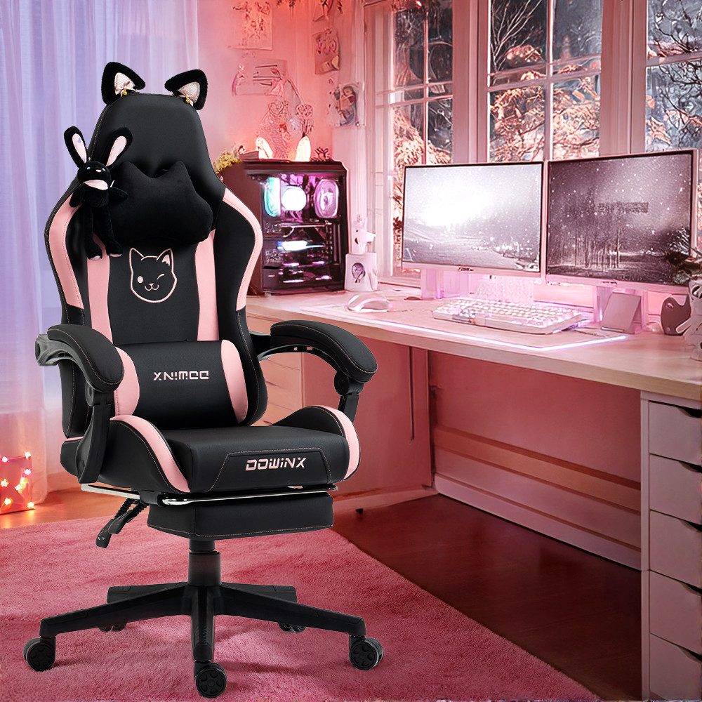 Dowinx Gaming-Stuhl Süße Katze Edition mit Katzenohren und Plüschtier (Packung), Ergonomischer Stuhl mit Hoher Rückenlehne und Lendenwirbelstütze
