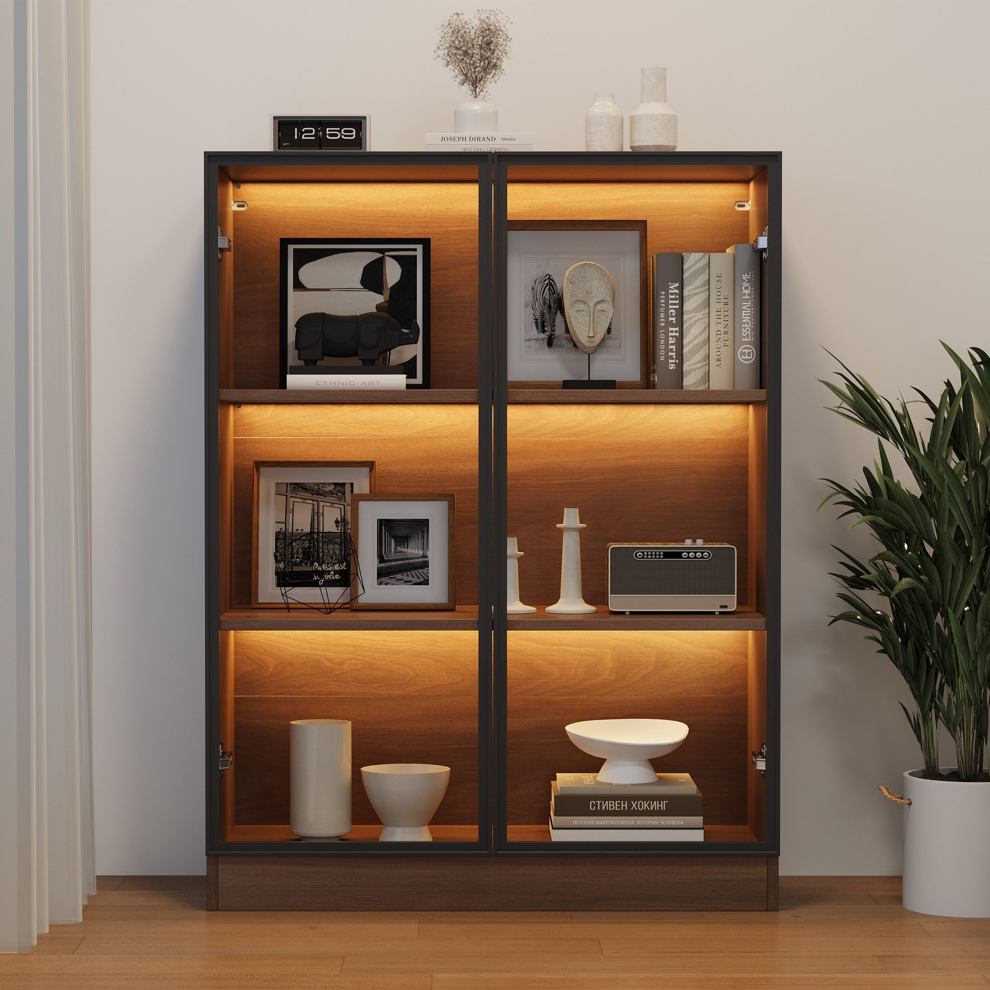 Flieks Glasvitrine mit LED-Beleuchtung und 2 Glastüren (1-St., T32/H106/B80 cm) Hochschrank Mehrzweckschrank Sammlervitrine mit 3 Ebenen Holzoptik
