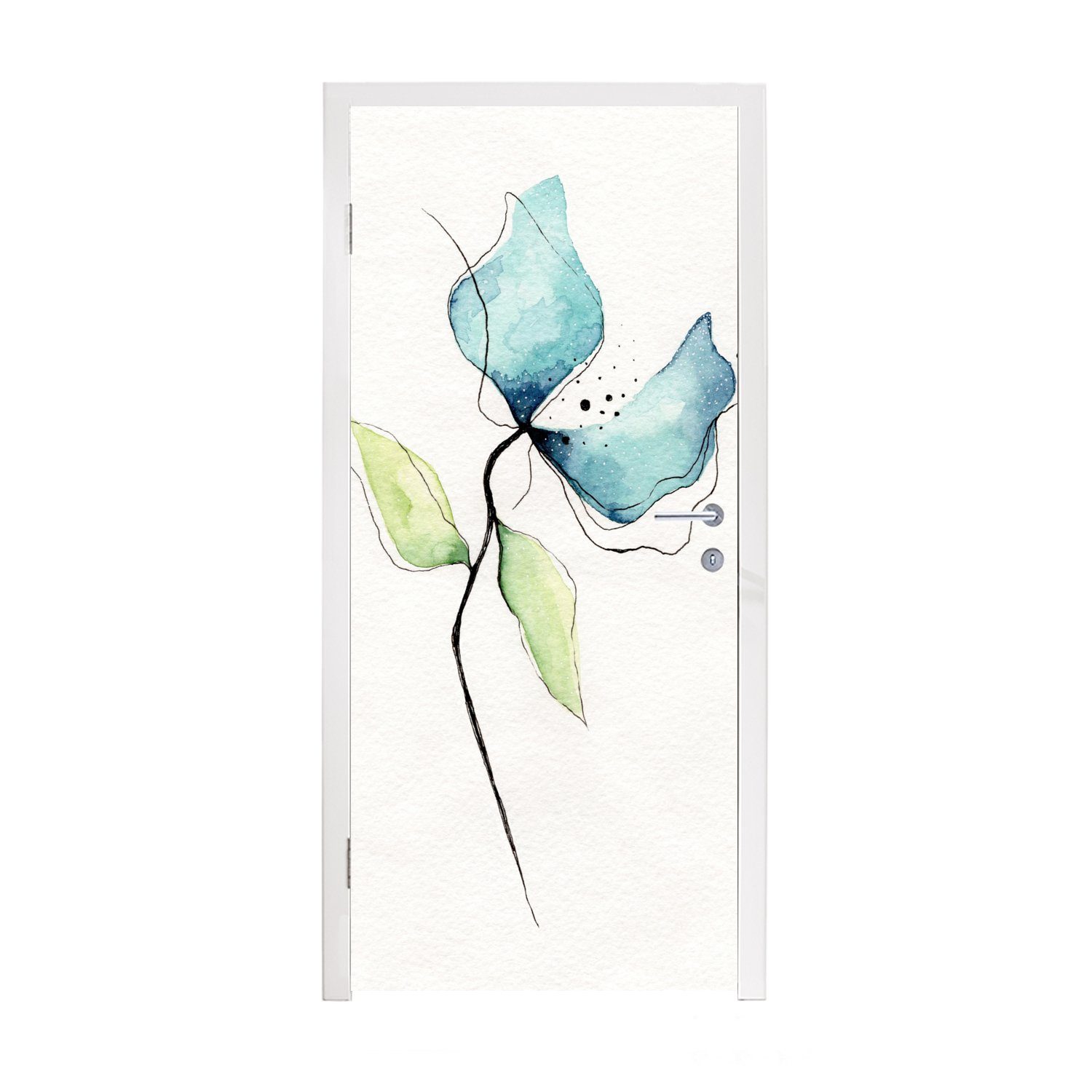 Blau, - Matt, bedruckt, - Türtapete St), Fototapete (1 für cm MuchoWow Blumen Tür, Aquarell Türaufkleber, 75x205