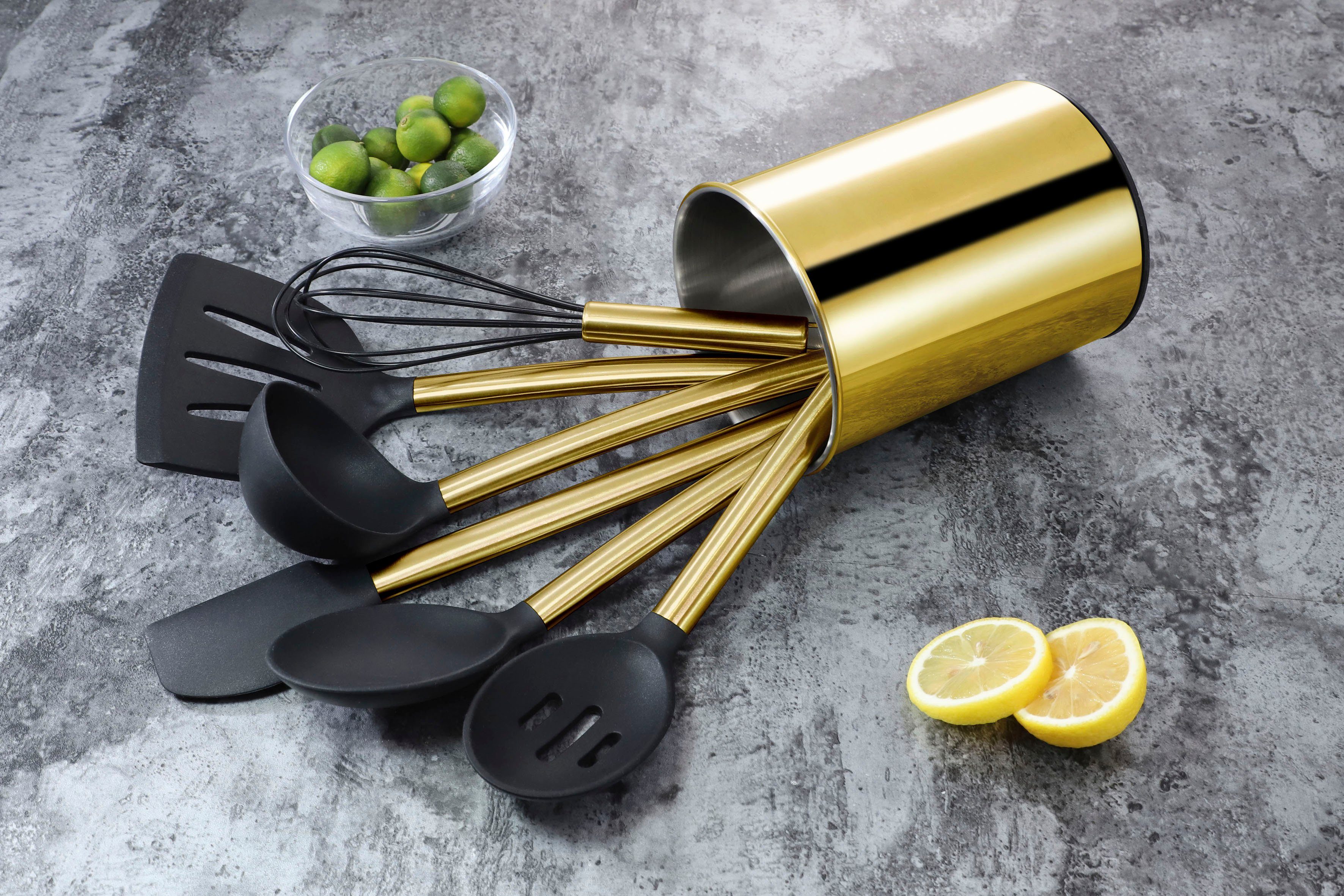 ECHTWERK Küchenorganizer-Set, (Set, 7-tlg), Kochbesteck mit Edelstahlgriff, Antihaft-Silikon, mit Utensilienhalter