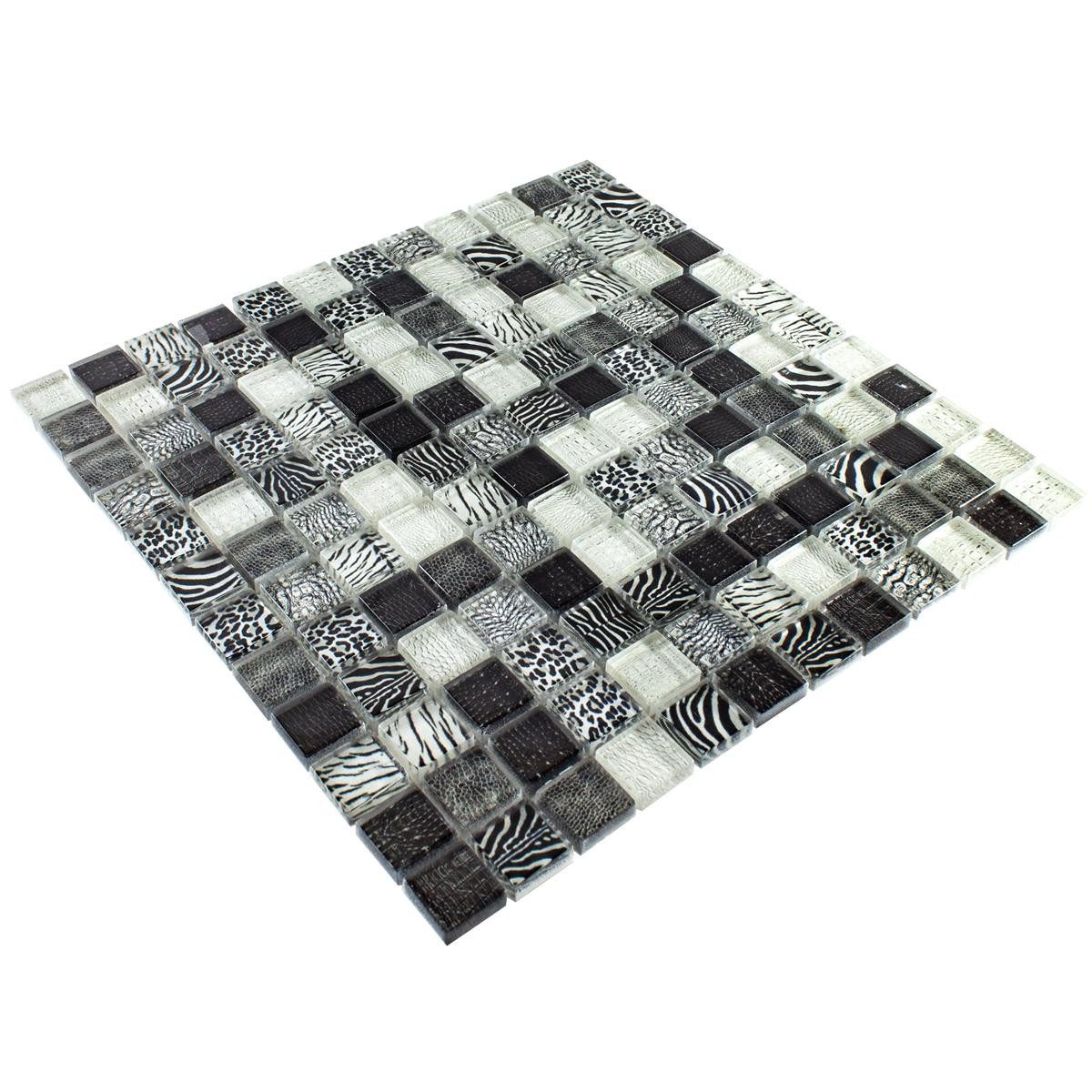 Mosafil Mosaikfliesen Glasmosaik Fliesen Safari 23, Glas 29.800x29.800, weiß-schwarz-grau, Verlegefertig auf ein Netz geklebt - Wasserfest
