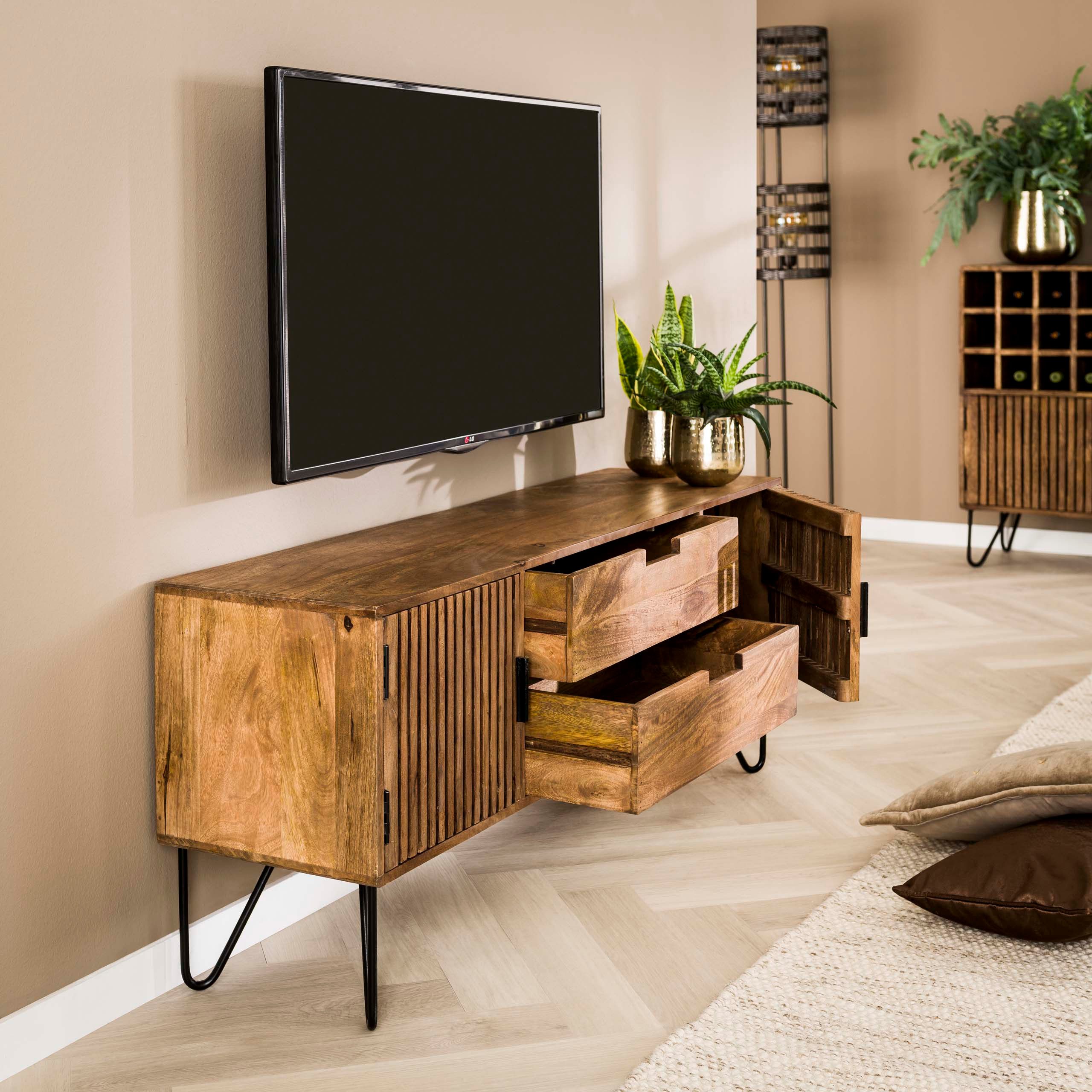 alesvelt TV-Schrank LINEA Massivholz-Lowboard mit Lamellentüren & Hairpin-Legs 135cm (135x55x35cm, 1-Schrank)