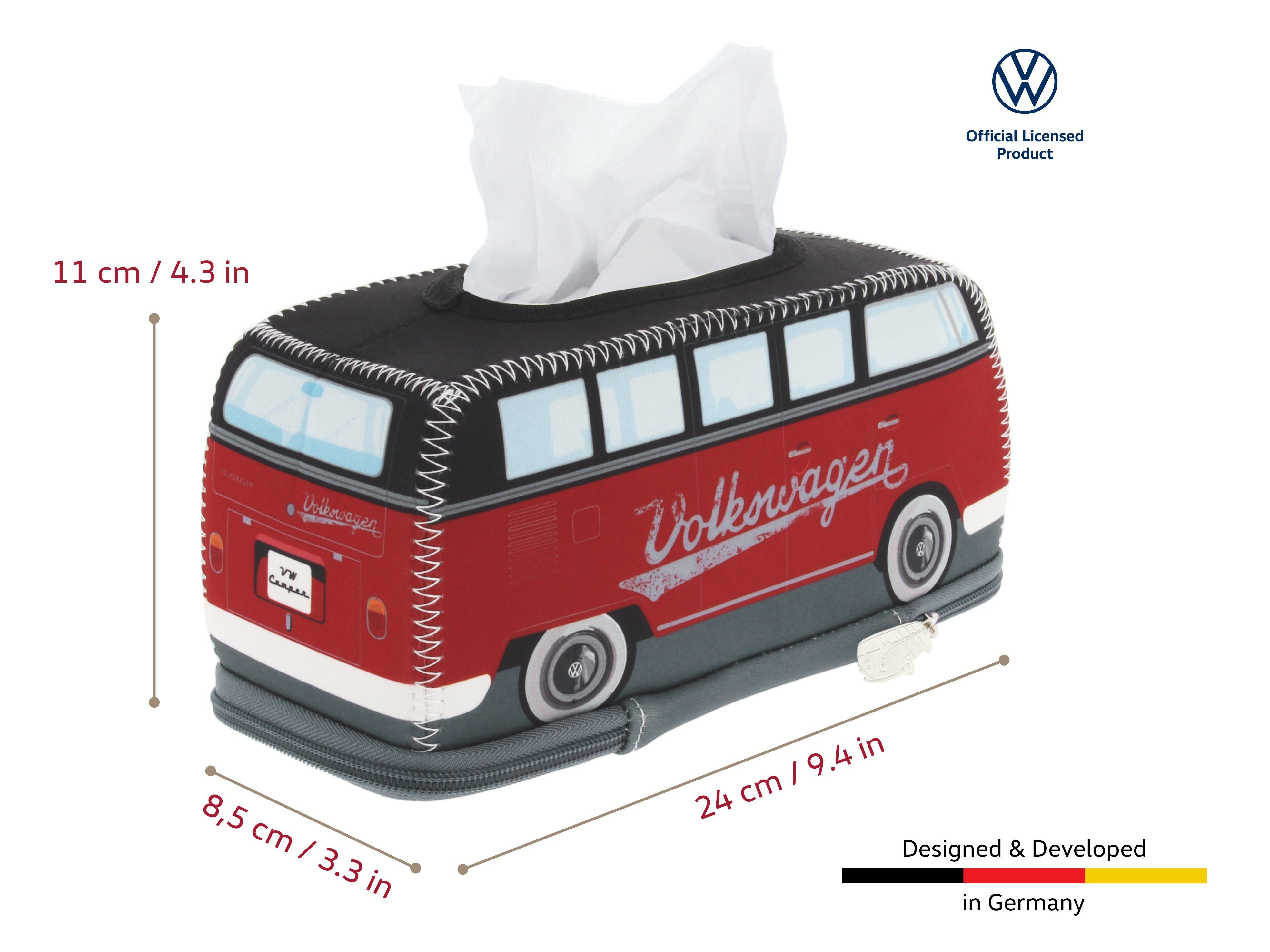VW Collection by BRISA Papiertuchbox Volkswagen Neopren Kosmetik-Serviettenspender, Papiertaschentuchbox, fürs Bad im T1 Bulli Bus Design in Rot/Schwarz