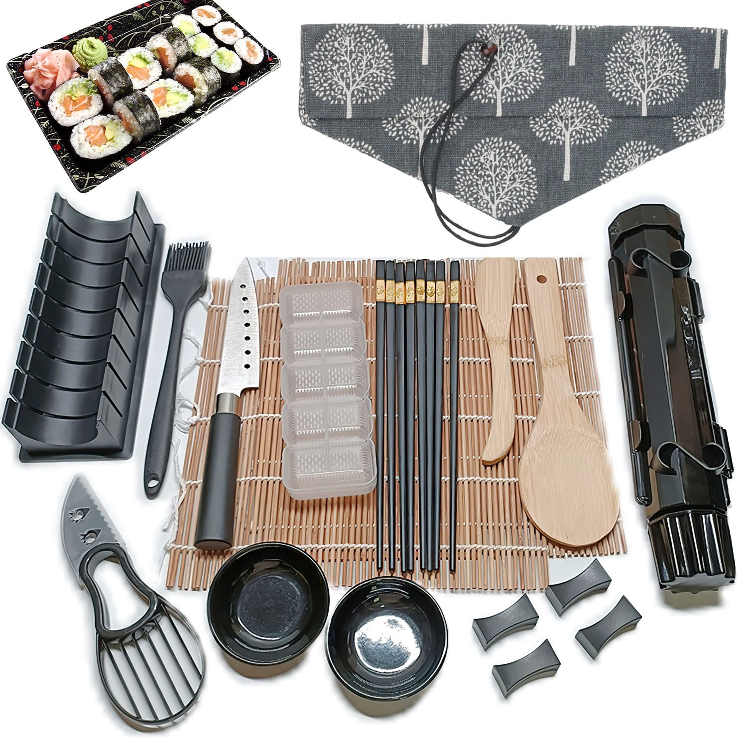 SURFOU Суши тарелка Sushi Maker Set 20 Stück Sushi Kit mit matte Bazooka, mit Messer Essstäbchen Avocadoschneiderr Geschmacksgericht