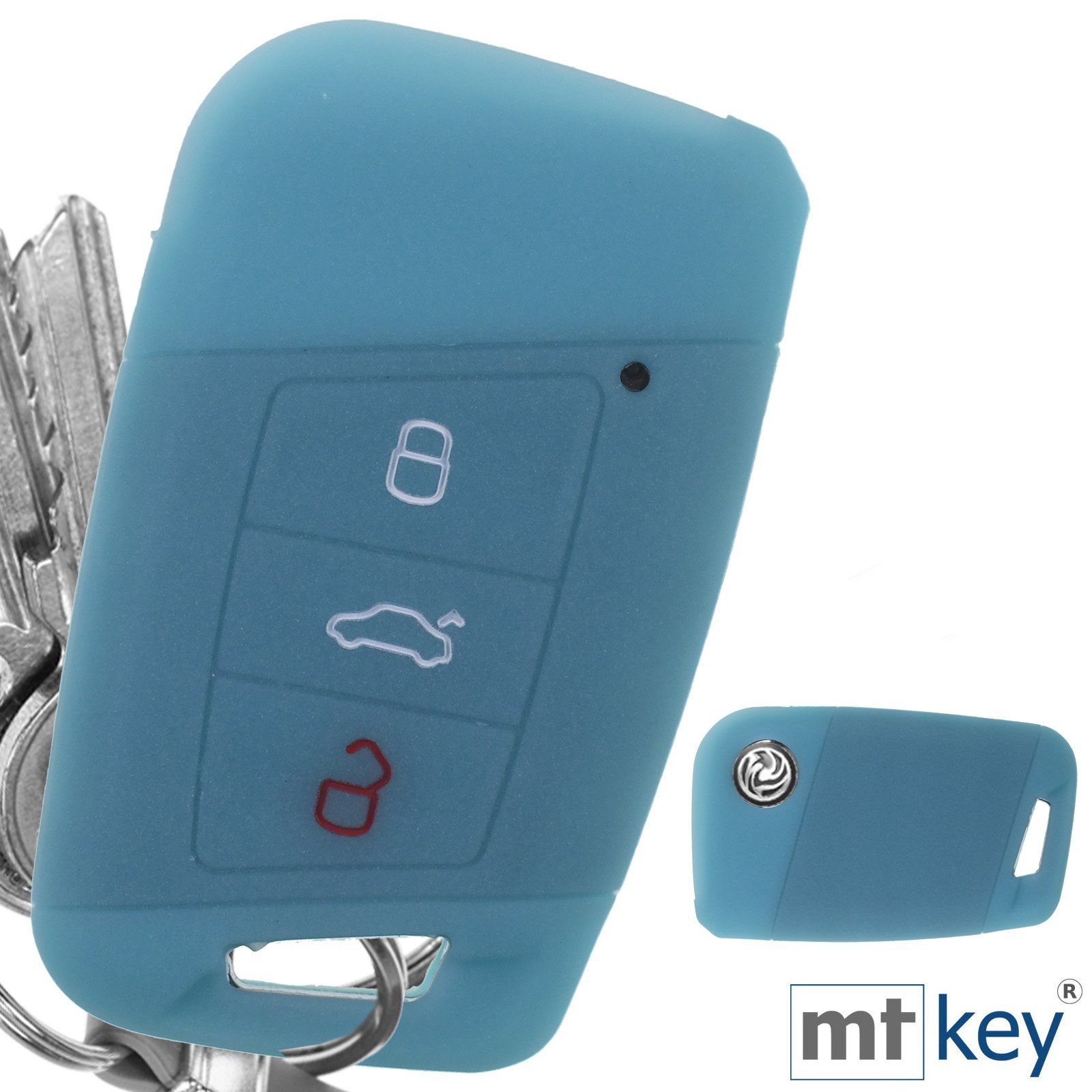 Schutzhülle Tasten fluoreszierend Autoschlüssel für KEYLESS Skoda mt-key Arteon Schlüsseltasche 3 Softcase Kodiaq B8 VW Silikon Passat Blau, SMARTKEY