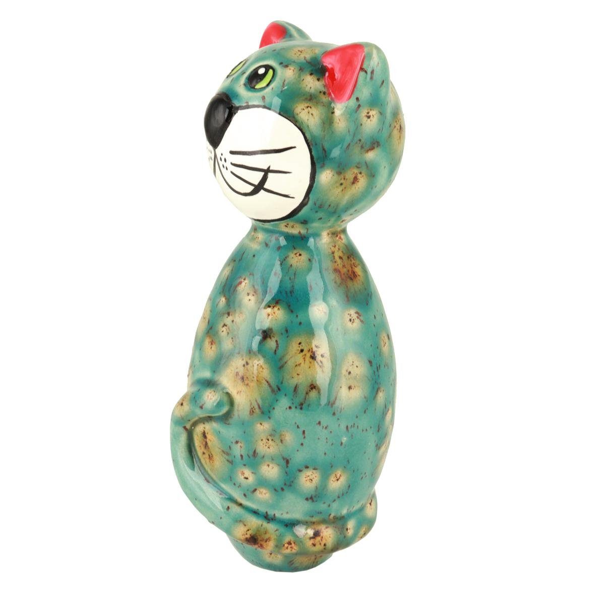 (Stück) MINI Keramik-Katze Gartenfigur mit Akzenten, Tangoo olivfarbenen Tangoo blaugrün