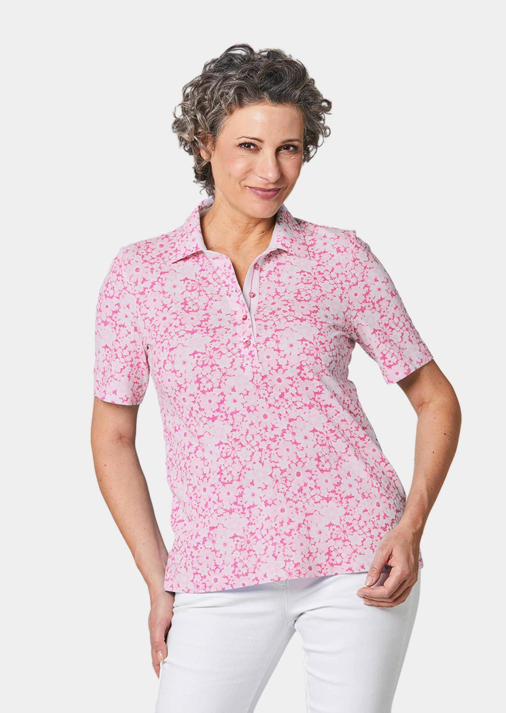 weiß Pikee-Druckpoloshirt / pink GOLDNER Poloshirt Kurzgröße: