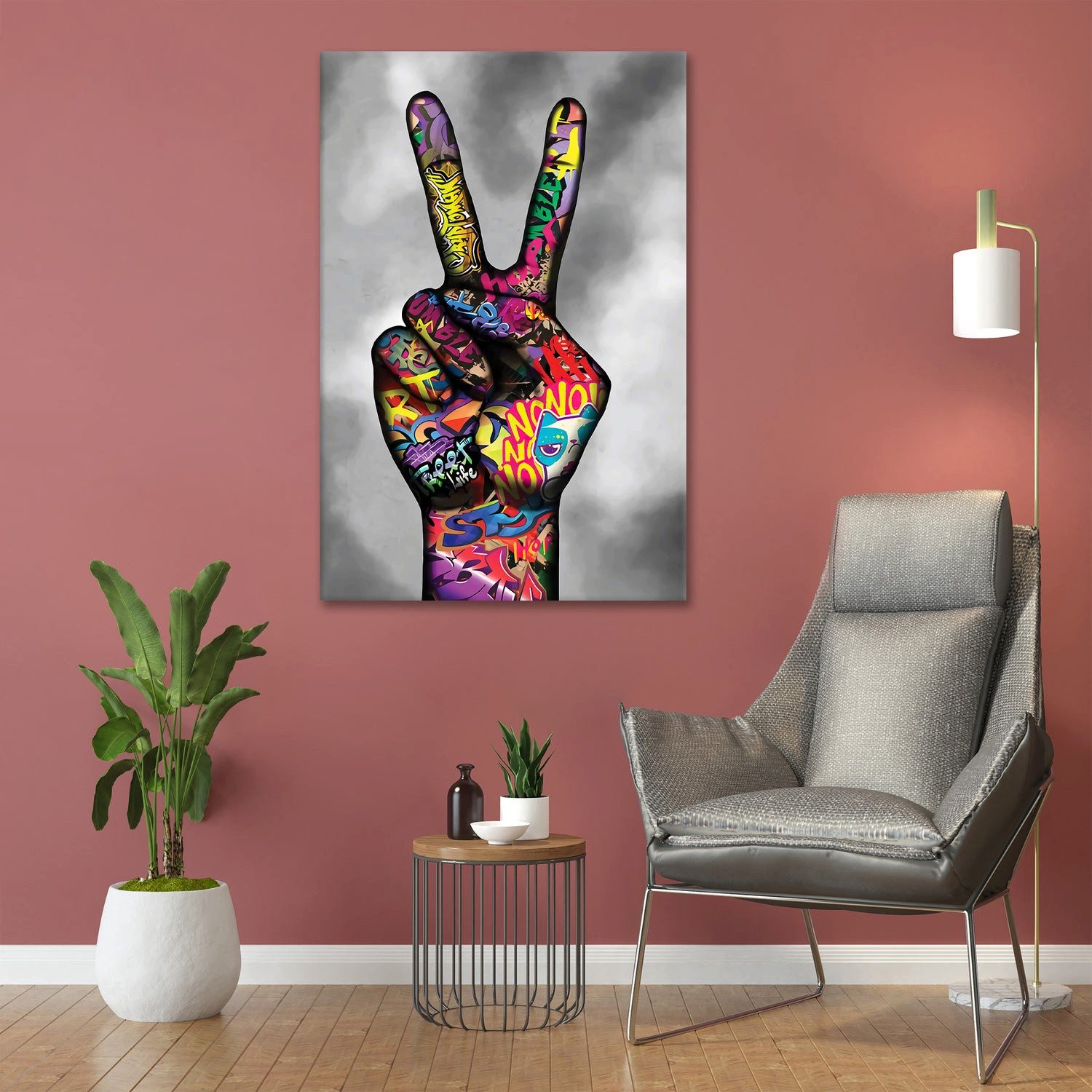Artedinoi Leinwandbild Graffiti Peace Victory Hand Leinwandbild Wandbild XL Deko, Faust mit Peace-Zeichen