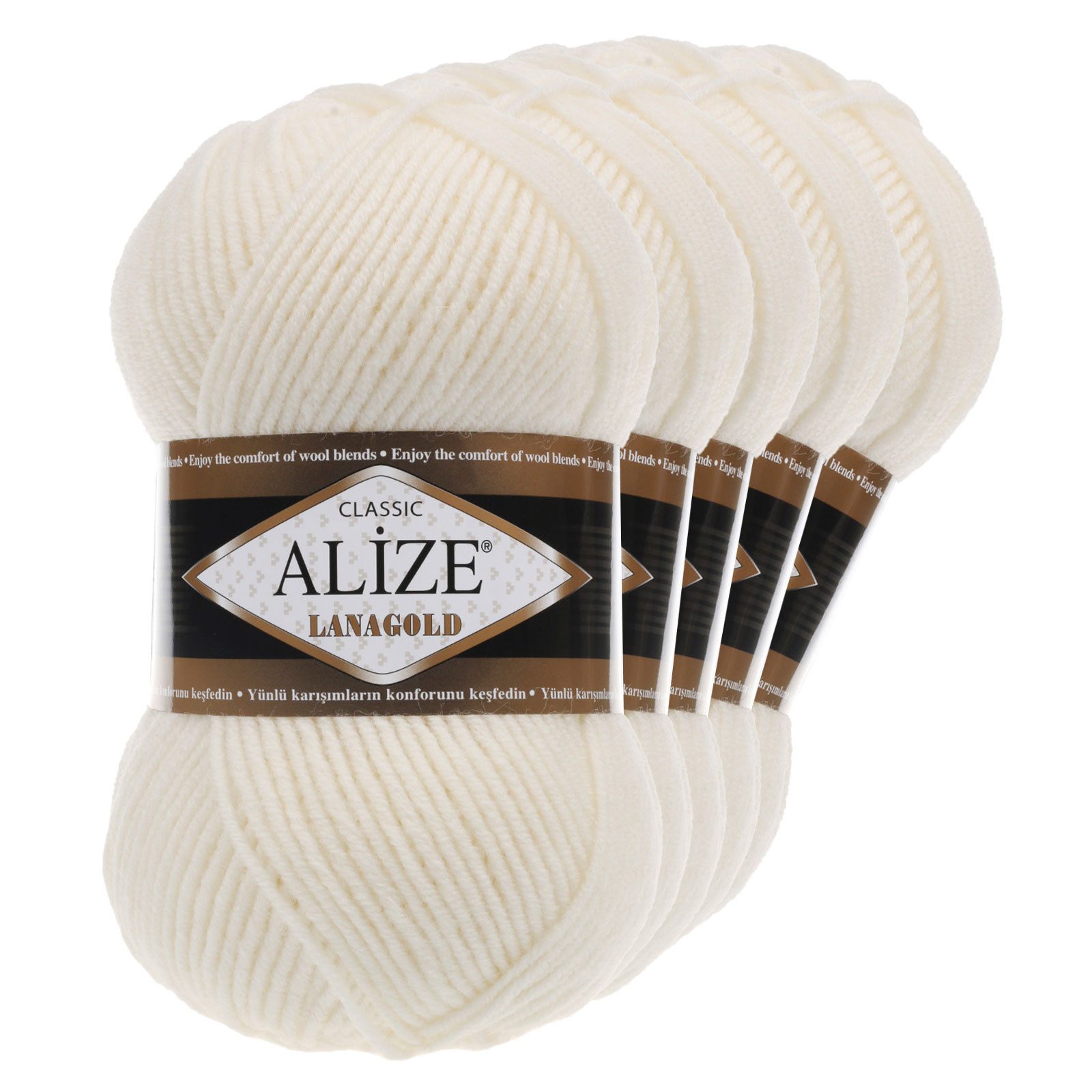 Alize 5 x 100 g ALIZE Lanagold 49% Wolle Strickgarn Winterwolle Schurwolle Häkelwolle, 240 m, creme