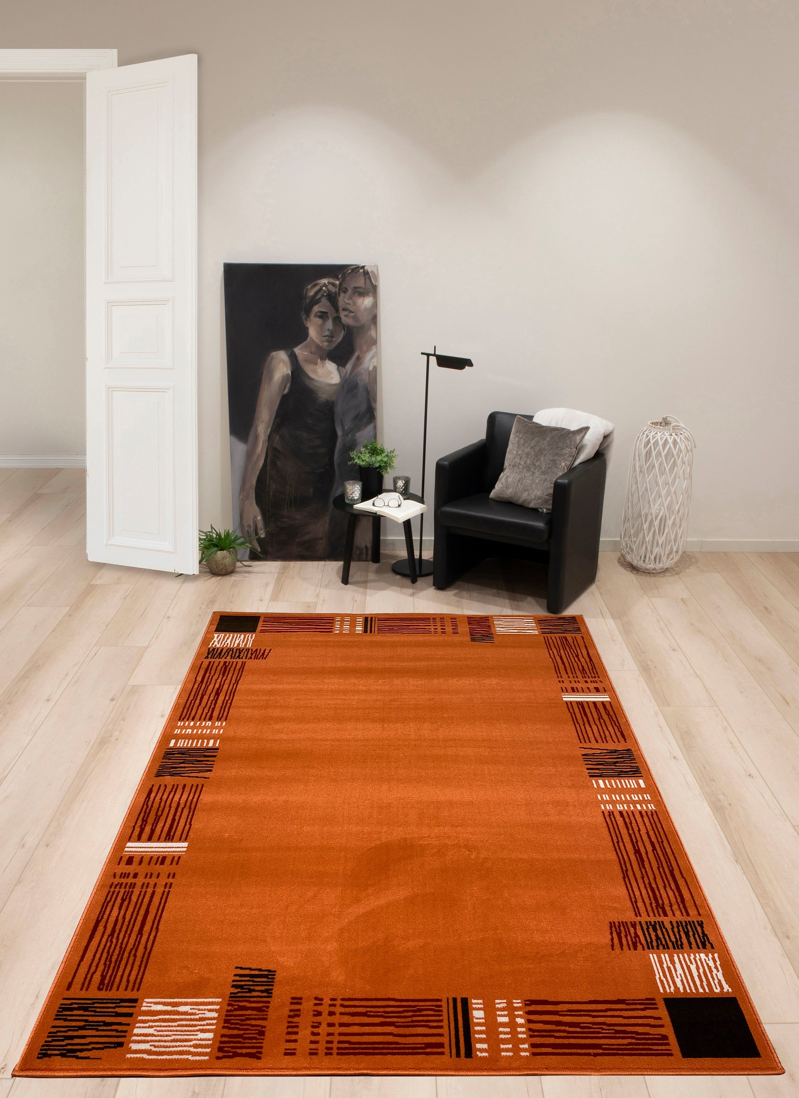 Teppich Lenting, Home affaire, pflegeleicht 7 mm, rechteckig, terra mit Kurzflor-Teppich, Bordüre, Höhe