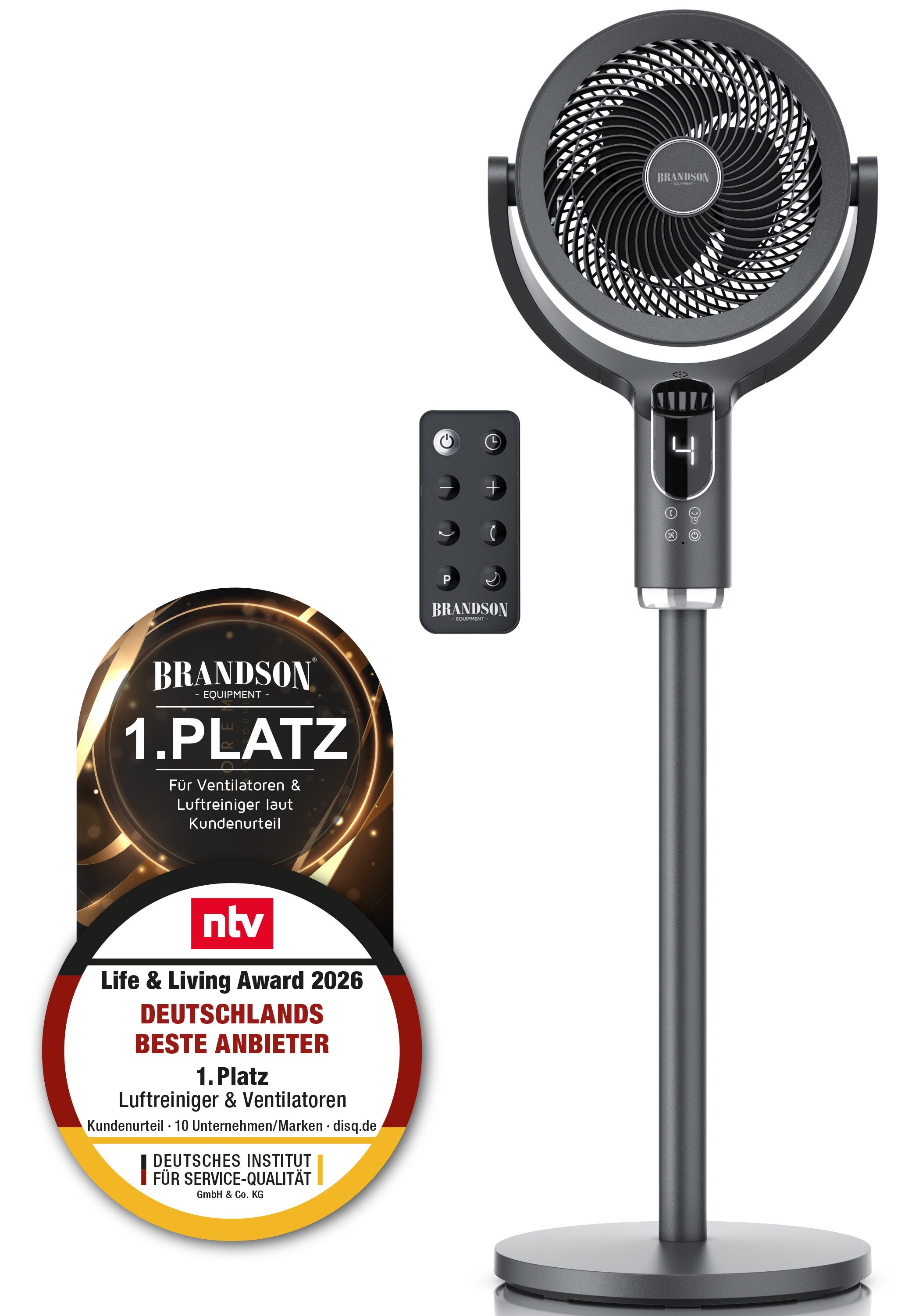 Brandson Standventilator leise, 3D Oszillation, NTV Sieger 2026, Höhe variabel 59/84/108 cm, Fernbedienung, Timer, 9 Geschwindigkeitsstufen, Nachtmodus, Display