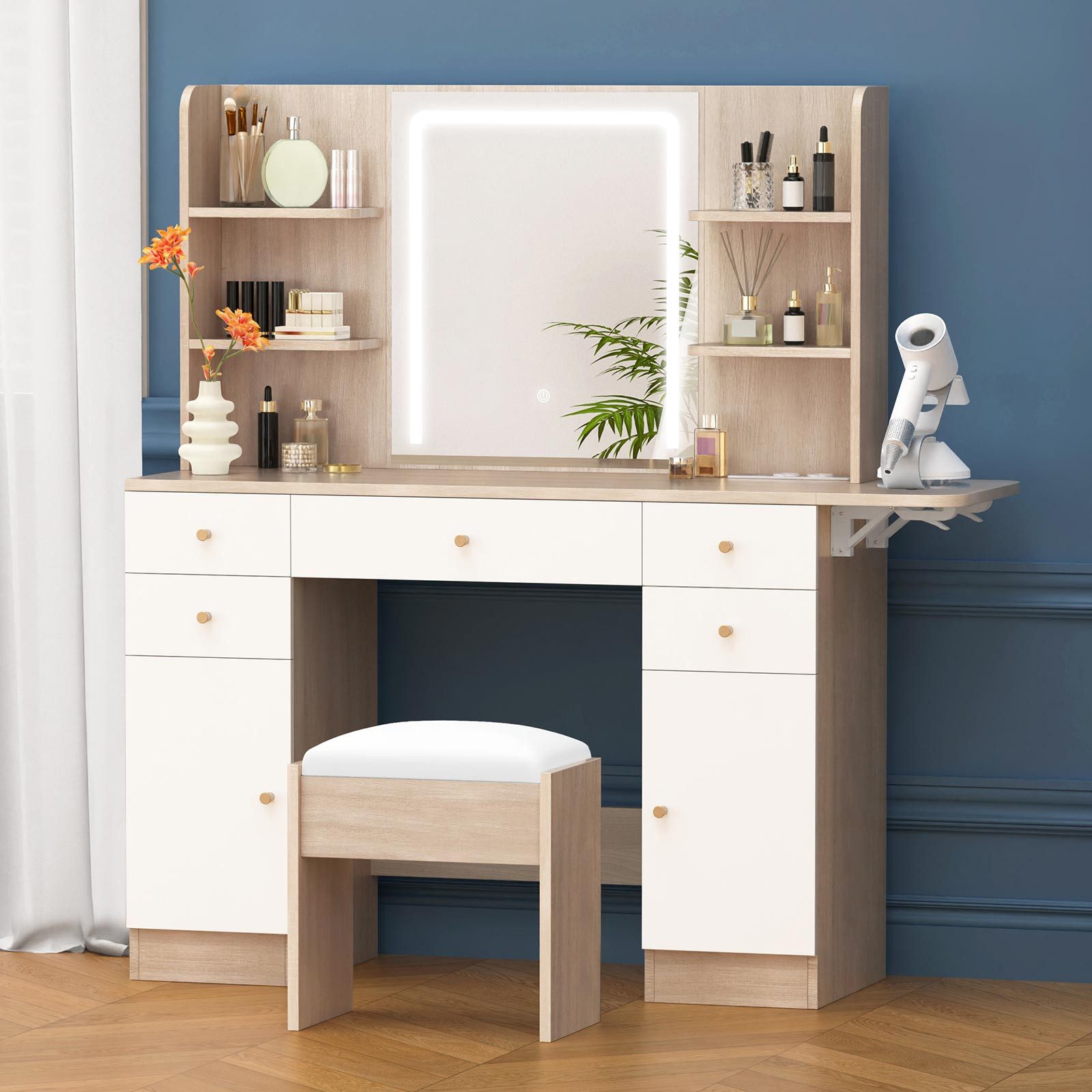 ALFORDSON Schminktisch Schminktisch mit LED-Spiegel und 5 Schubladen, Aufbewahrungshocker (1-St), Frisiertisch mit Steckdose und 10 Lichtern