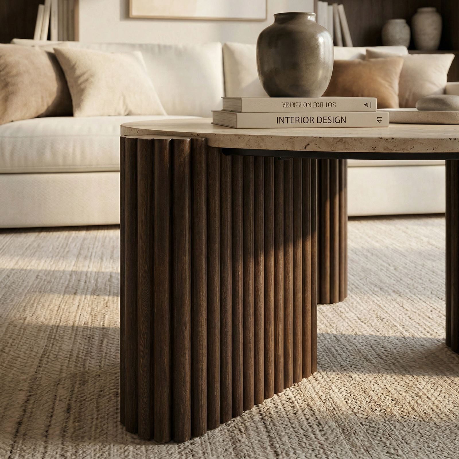 IDIMEX Couchtisch VAPI, Beistelltisch rund 80 cm aus Travertin und Mangoholz Braun/Beige