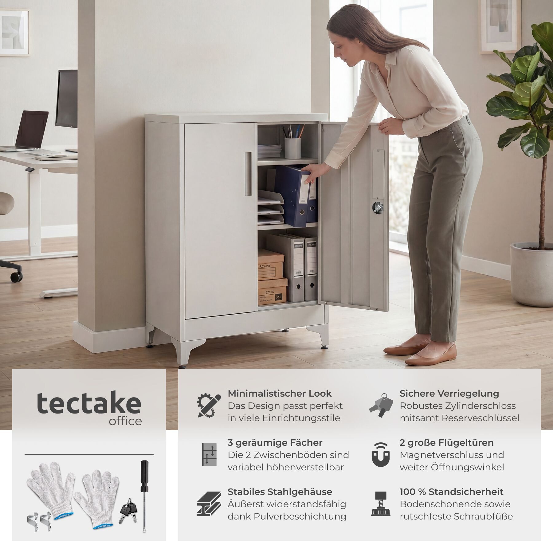 tectake Aktenschrank Dokumentenschrank aus Stahl, Kippschutz, abschließbar, 80 x 40 x (Büroschrank Blake, 2-St., in grau) 2 verstellbare Zwischenböden, mit Magnetverschluss, höhenverstellbar