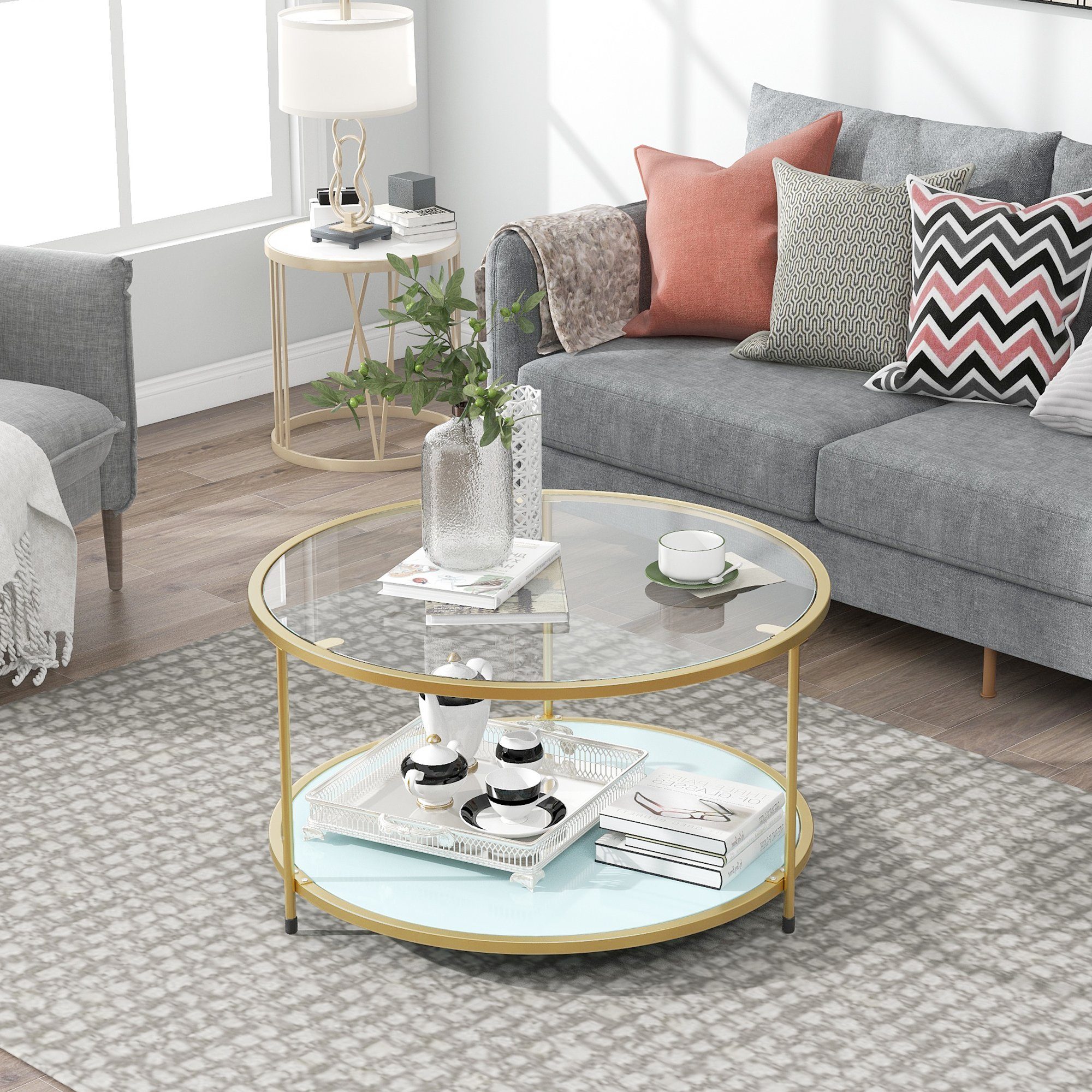 Merax Couchtisch aus Glas mit Glasablage, Wohnzimmertisch Sofatisch, rund mit Ablage mit goldfarbenem Metallrahmen, Ø 85 cm