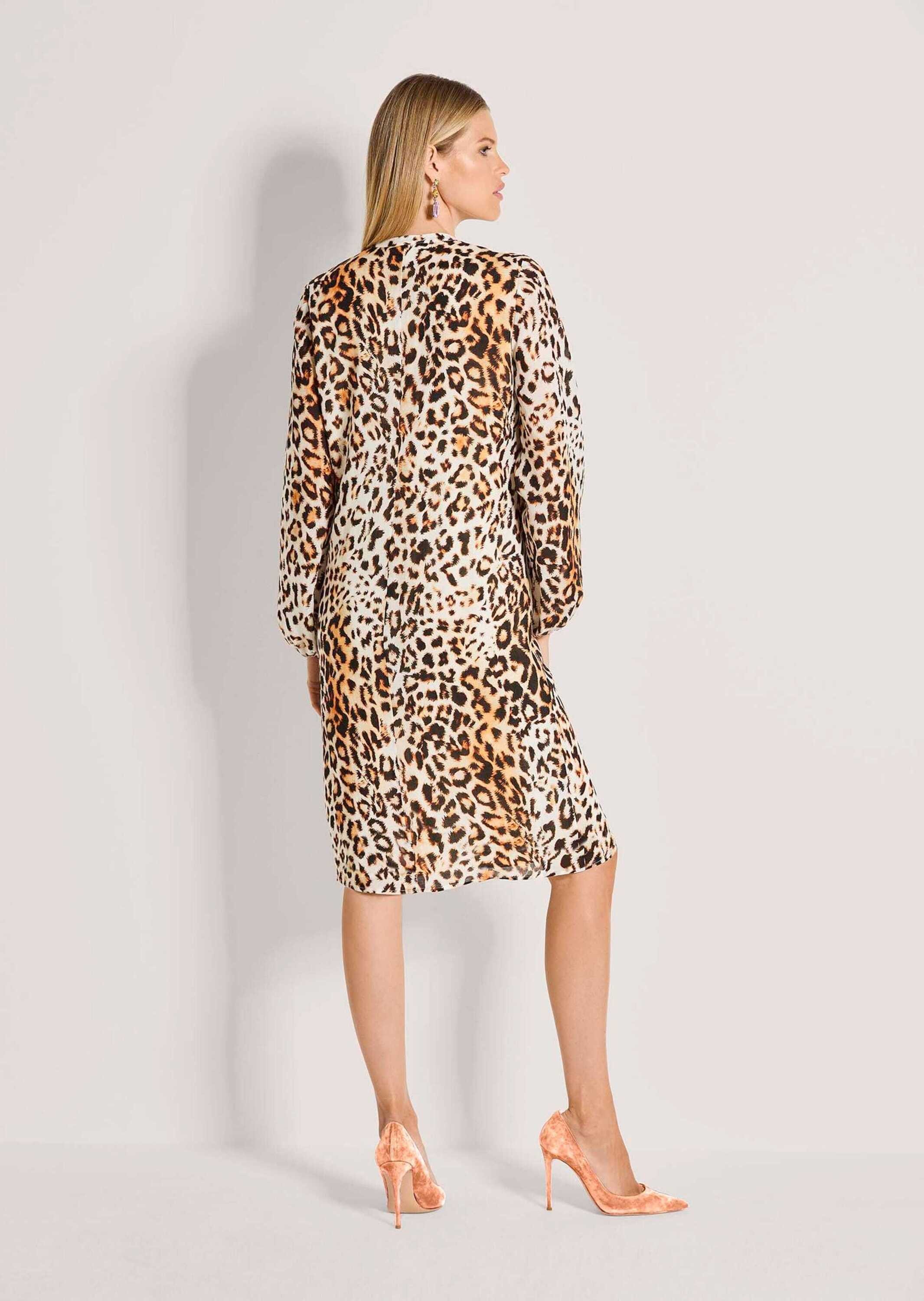 MADELEINE Midikleid Druckkleid mit Animal-Print Sommerkleid mit Rundhals mit Schlitz, Taschen, Knielänge und Langarm
