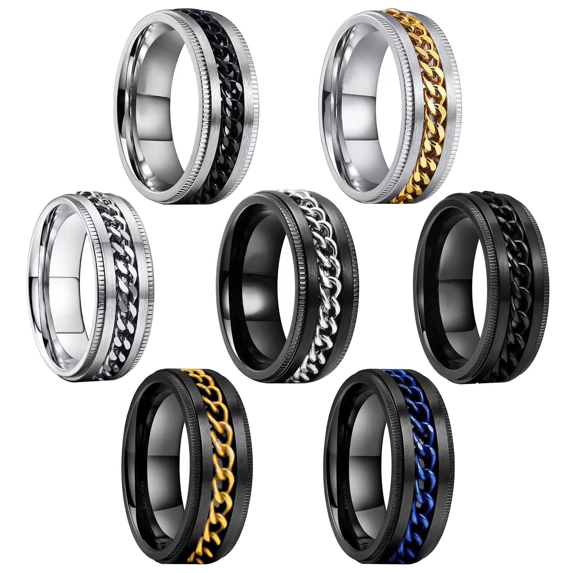 Taffstyle Fingerring Ring Spinner bewegliche Kette Silber Schwarz Größe 55 (17.5) (Bandring Biker Schmuck Geschenke für Männer Herren), Edelstahl spinning Drehring Partner Fingerring Herrenring
