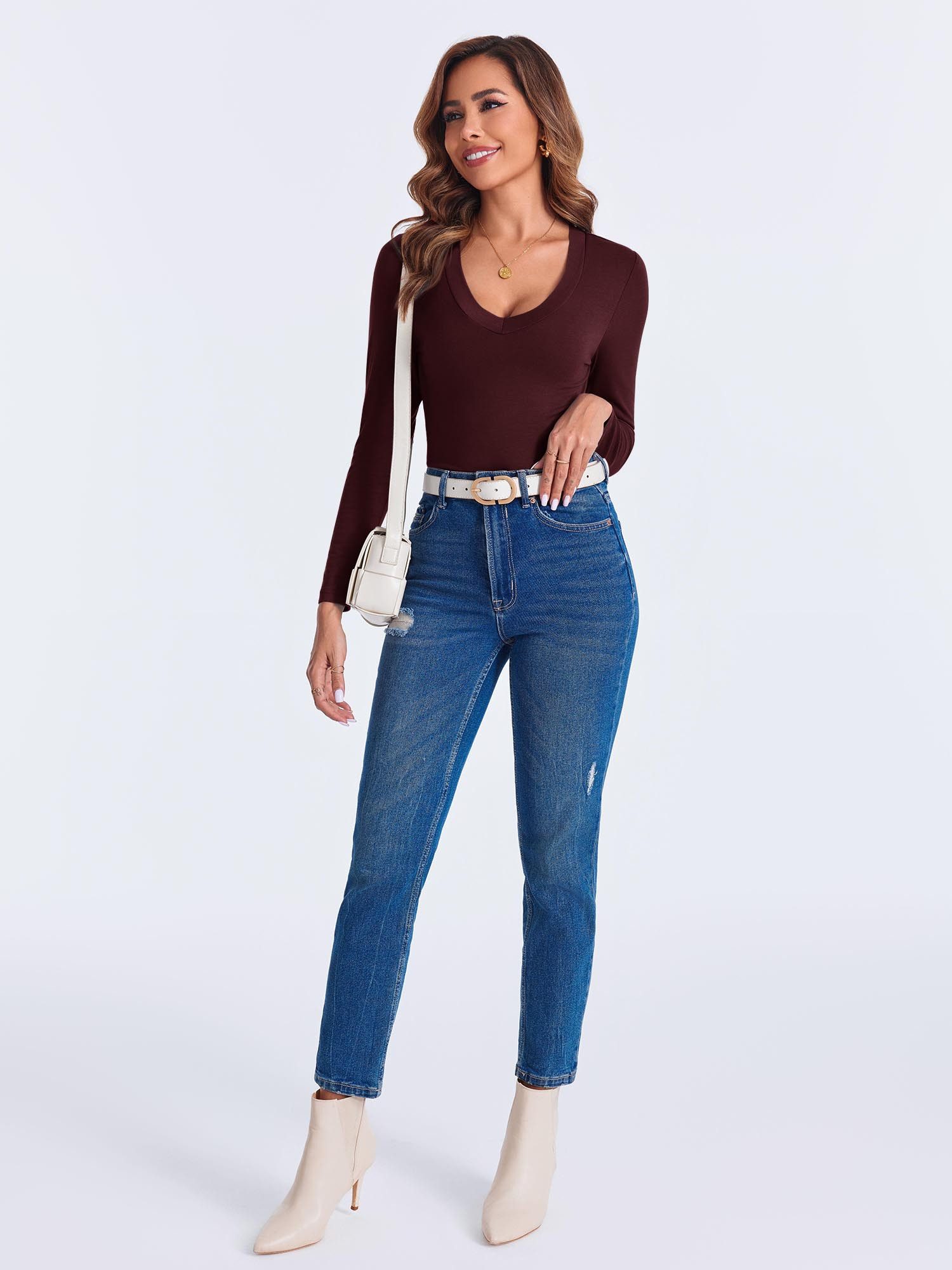 Imily Bela T-Shirt Damen Langärmliges Top mit V-Ausschnitt (Packung, 1-tlg., 1per-Pack) Basic