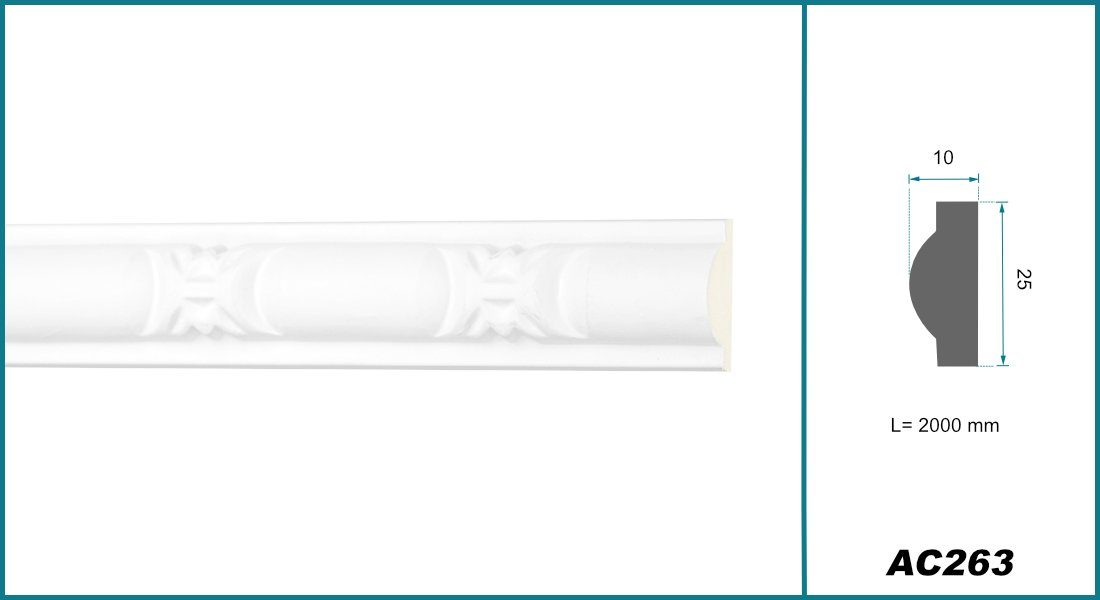 Hexim Perfect Stuckleiste AC 263, Flachprofile aus PU Serie 2 - Stuckprofil gemustert, weißes Zierprofil, hart & stoßfest - Wandleiste vorgrundiert