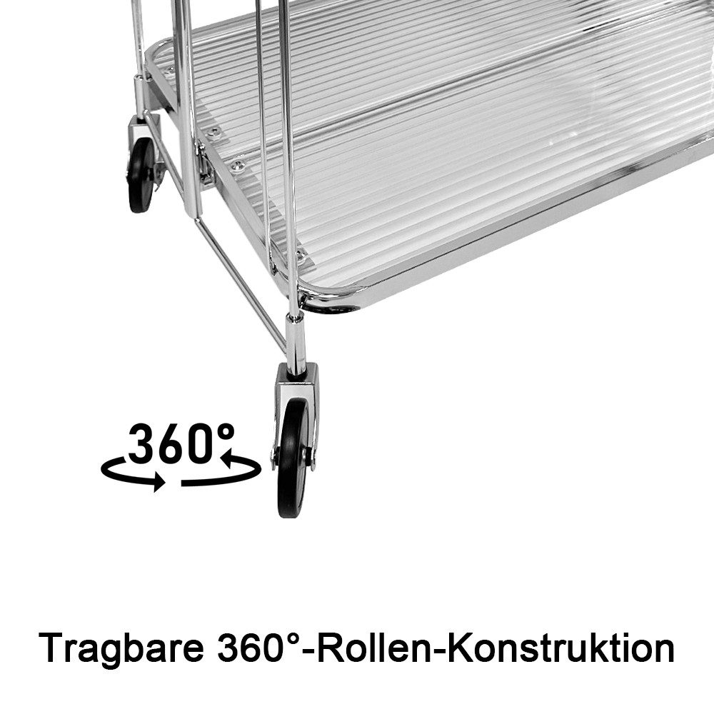 Rhein Beleuchtung Servierwagen Faltbarer Edelstahl-Servierwagen mit Glasablagen 2 Etagen, (Barwagen 68×38×80 cm, kein Aufbau nötig, mobil & modern), Küchenwagen – Bild 5 von 5