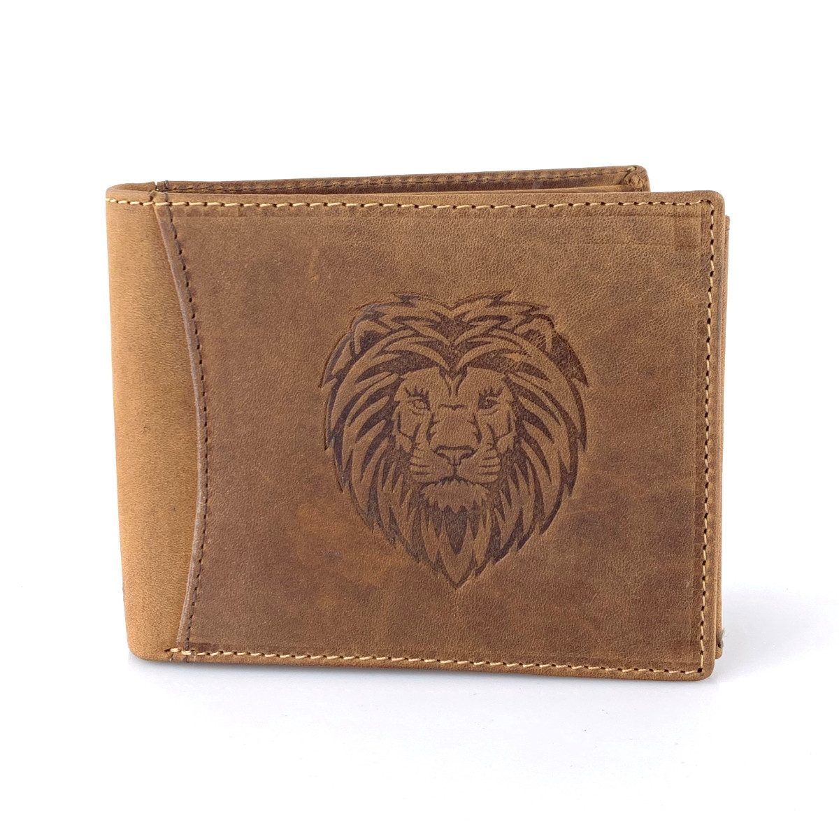L&B Geldbörse Büffelleder Portemonnaie mit RFID-Schutz >2394-LION<, Löwe, Münzfach & Scheinfach + 8 Kartenfächer & 3 Sichtfächer