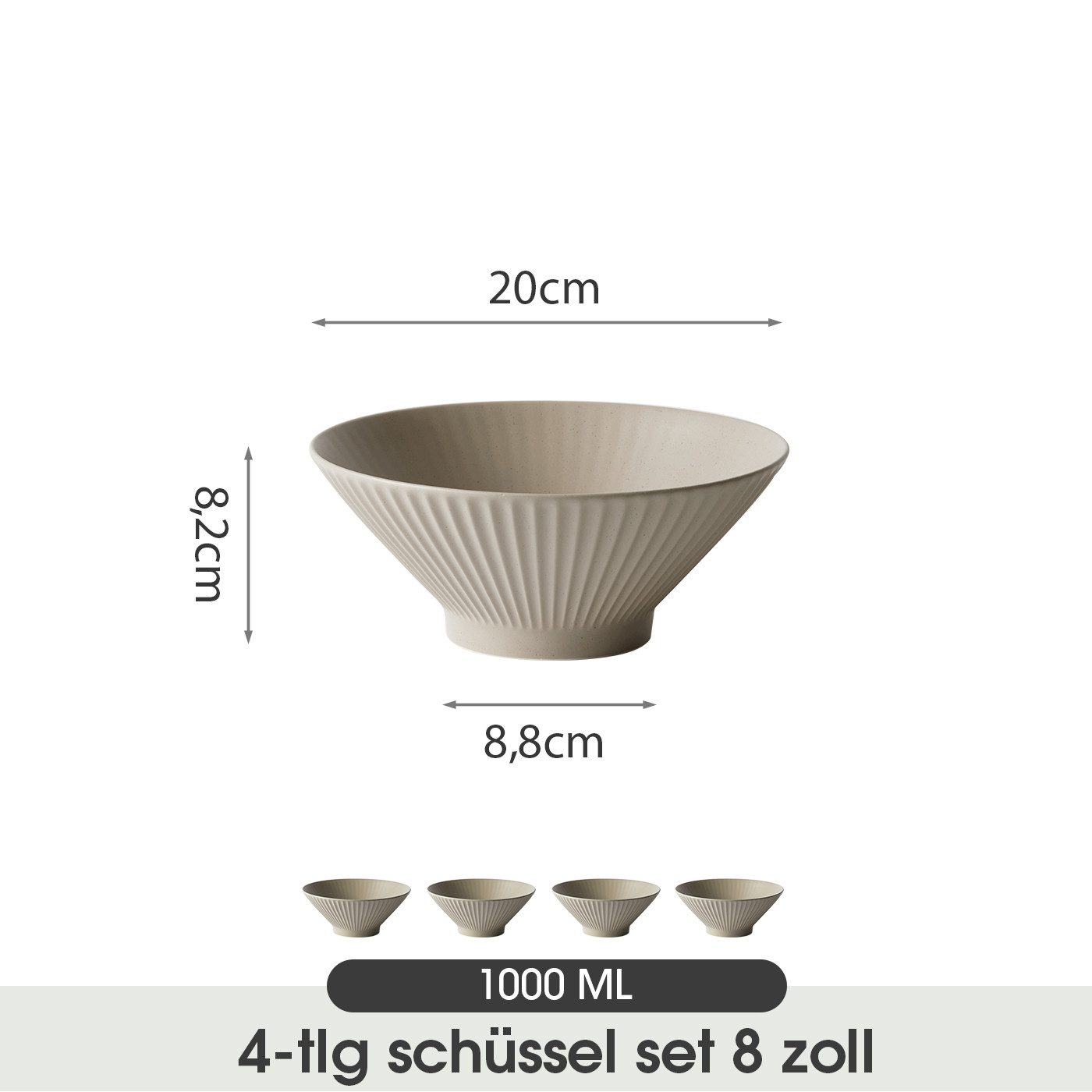 JIWOO Schüssel 4er Ø20cm, Japanische Ramenschüssel Suppenschüssel bowl Pastaschüssel, Keramik, (Schüsselset, 4-tlg), Bowl Hochwertige Schüsseln Braun Schüssel Mikrowellenofen Spülmaschine