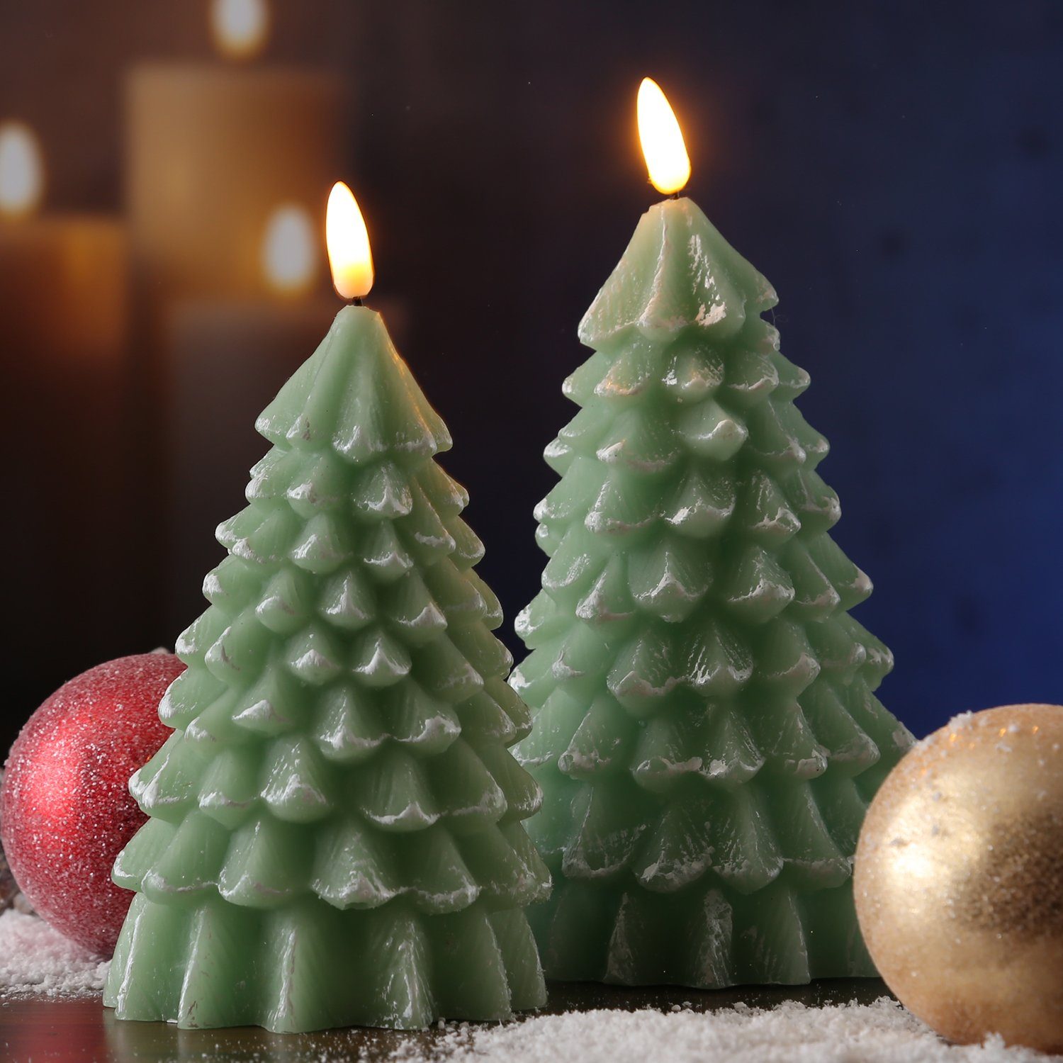 MARELIDA LEDKerze Tannenbaum Baumform Weihnachtsbaum Echtwachs Timer grün 2 Stück (2tlg)