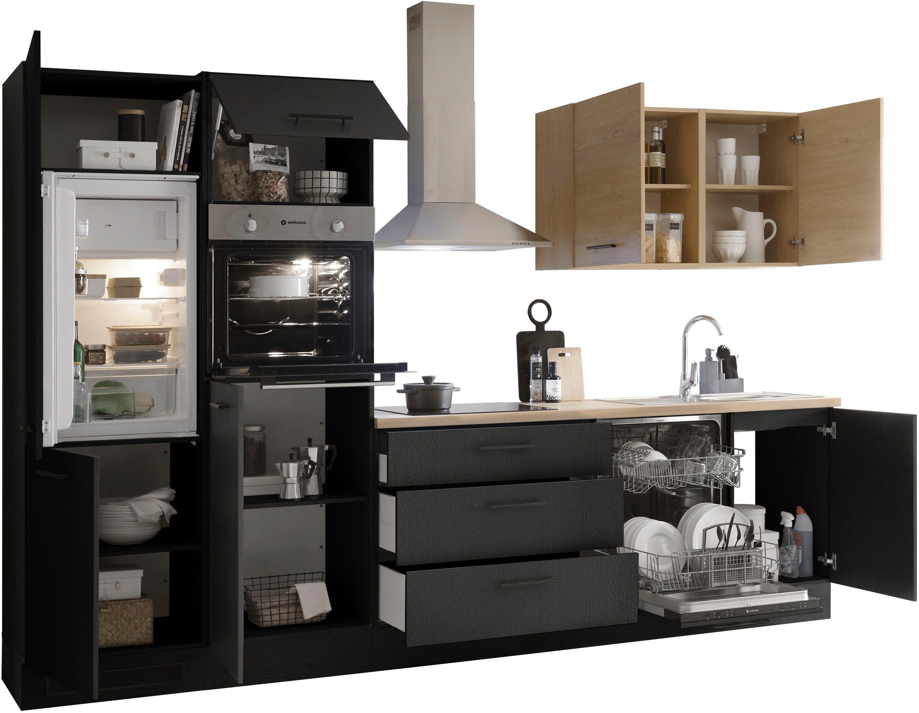 KOCHSTATION Küchenzeile KS-Malfi, Breite 320cm, wahlweise mit E-Geräten, Arbeitsplatte 38mm Stärke
