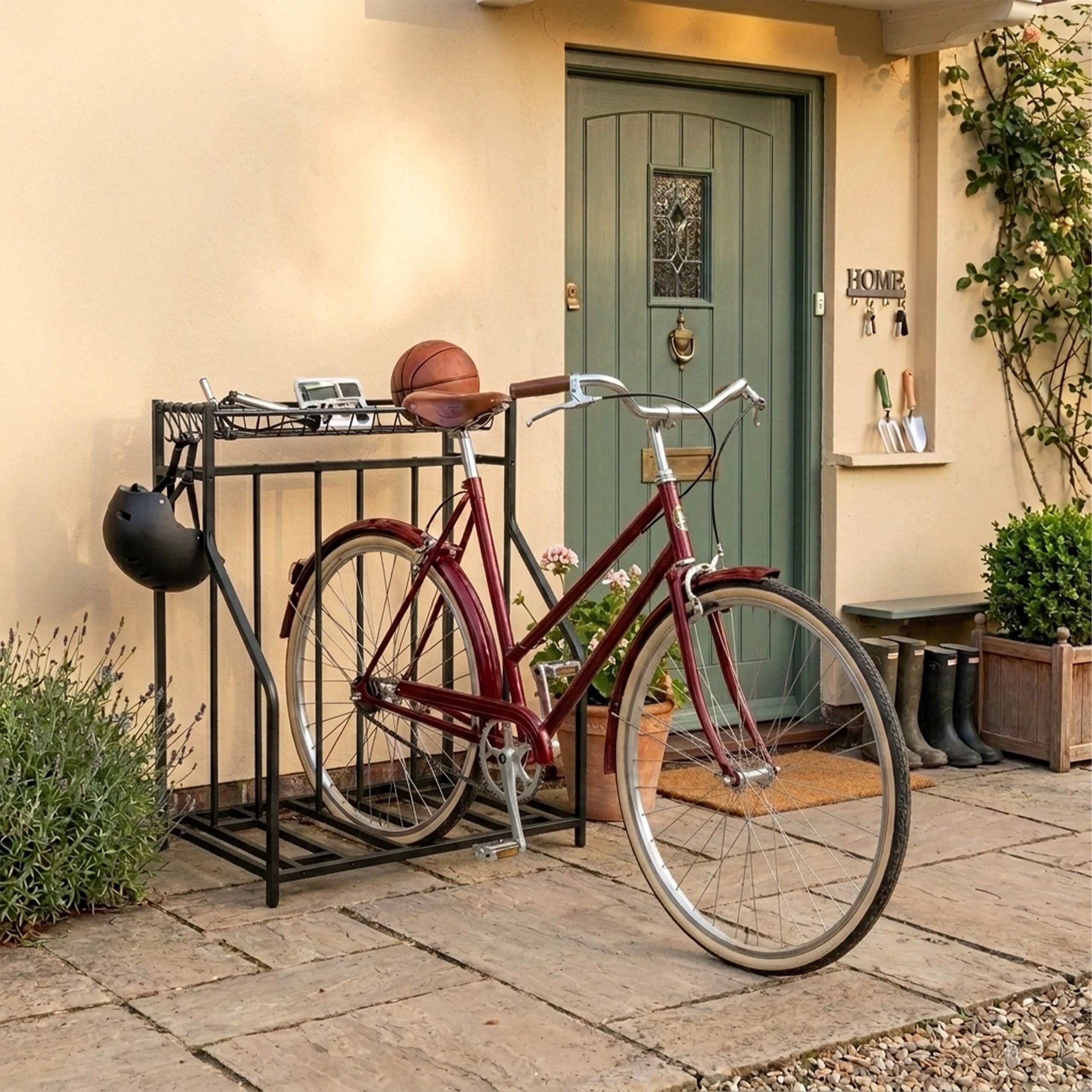 relaxdays Fahrradständer Boden mit Korb, schwarz, 3 Fahrräder