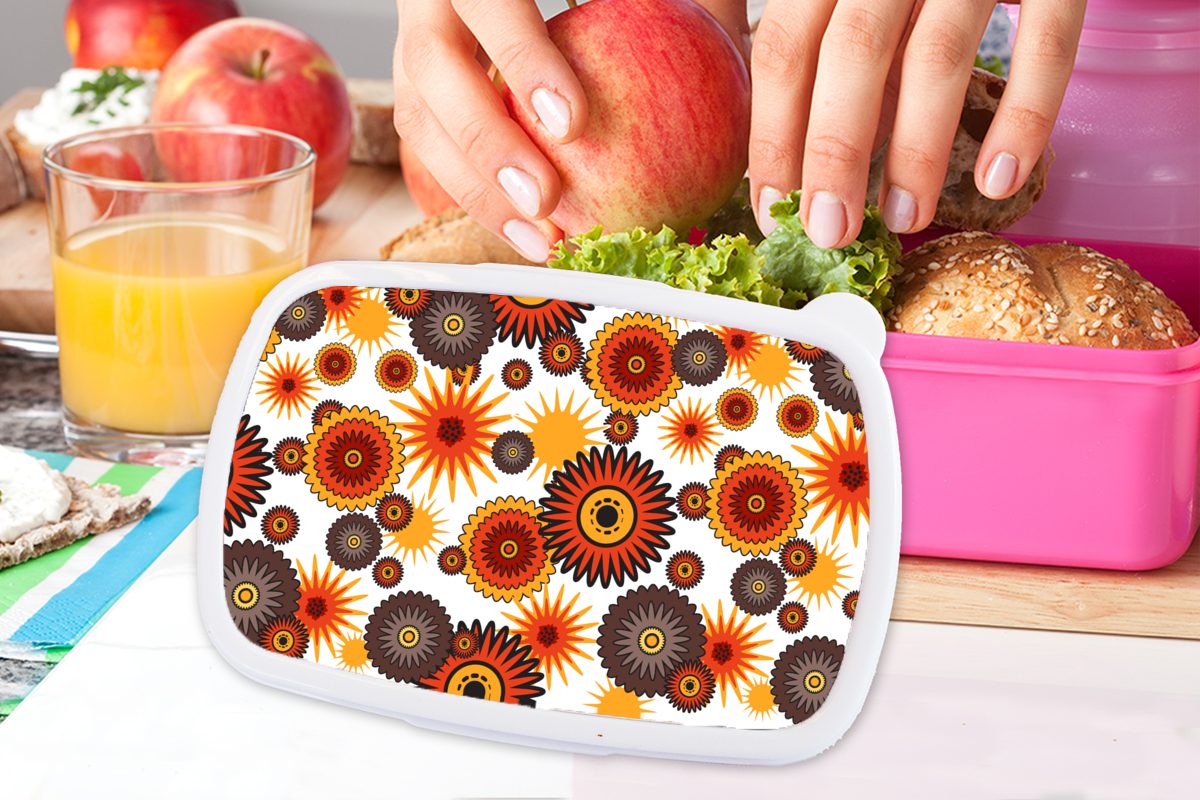 Brotdose Orange Erwachsene, (2-tlg), - Kinder, Brotbox - für Kunststoff Lunchbox - Blumen, rosa Snackbox, Retro MuchoWow Mädchen, Design Kunststoff,