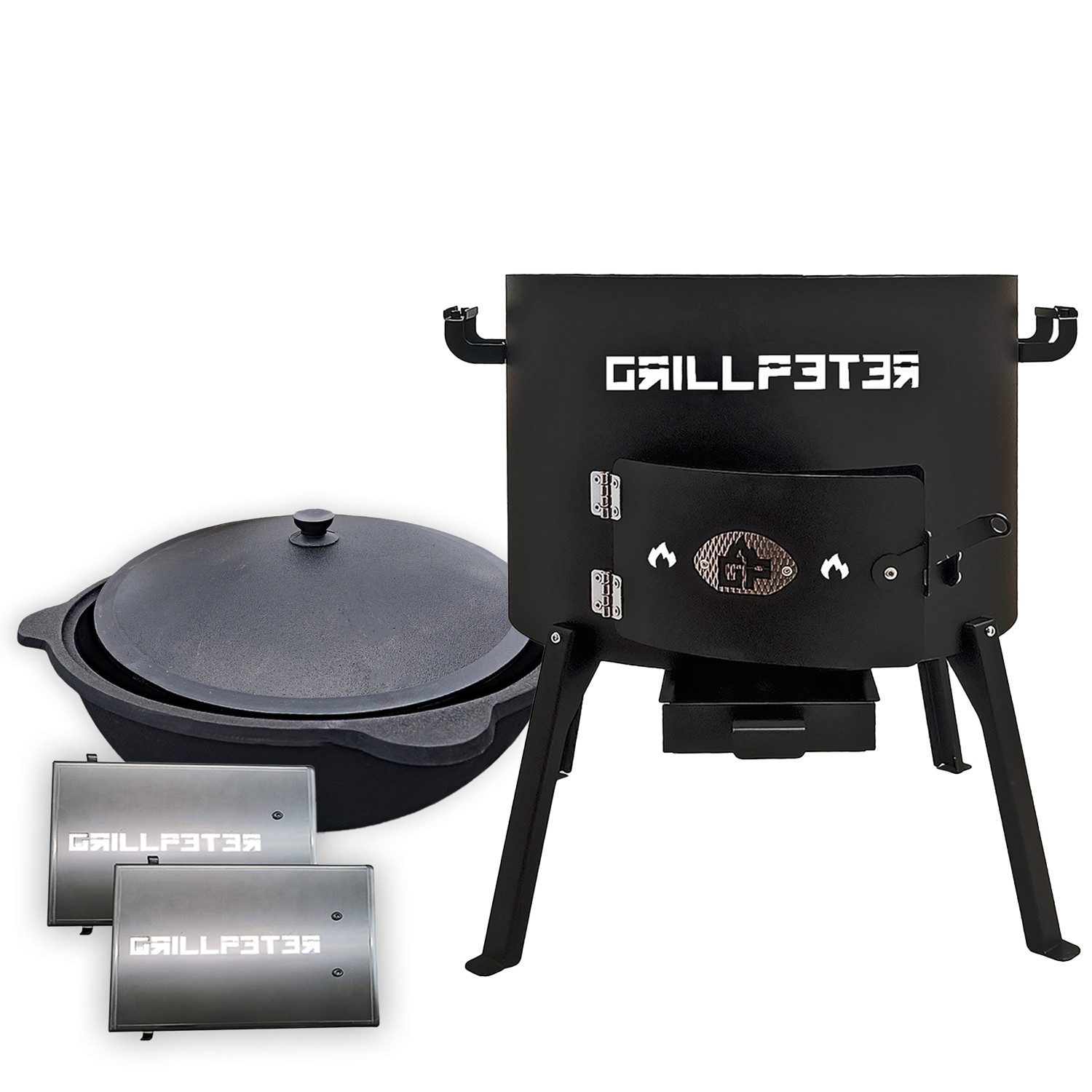 Holzkohlegrill Utschak Nurlan Ø50 cm Kazan 22L Gusseisen Ablageset