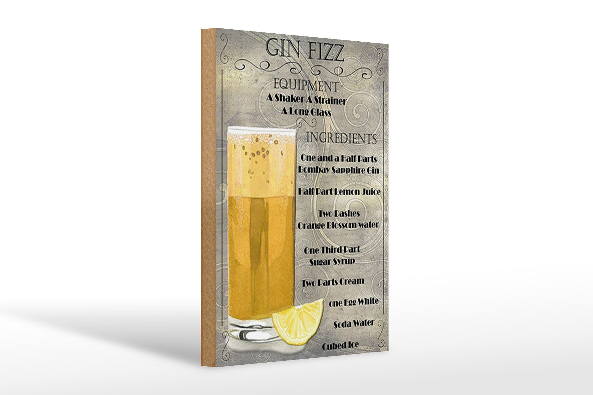 Holzbild 20x30cm Gin Fizz Equipment ingredients