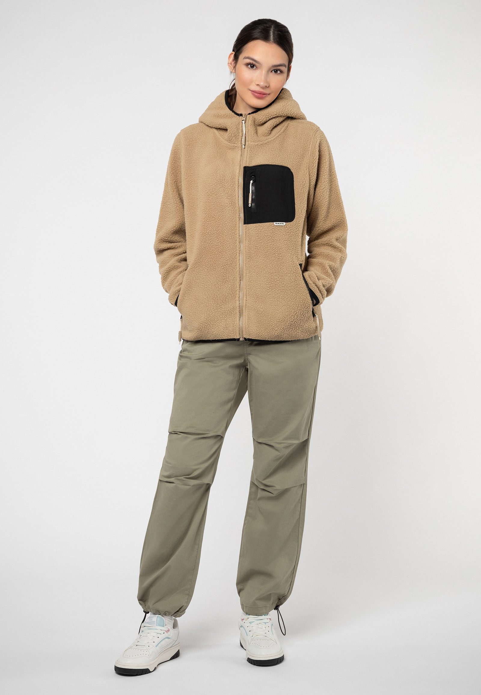 SUBLEVEL Fleecejacke Damen Teddyfleecejacke mit Brusttasche und Kapuze Fleecejacke Outdoorjacke Kuscheljacke