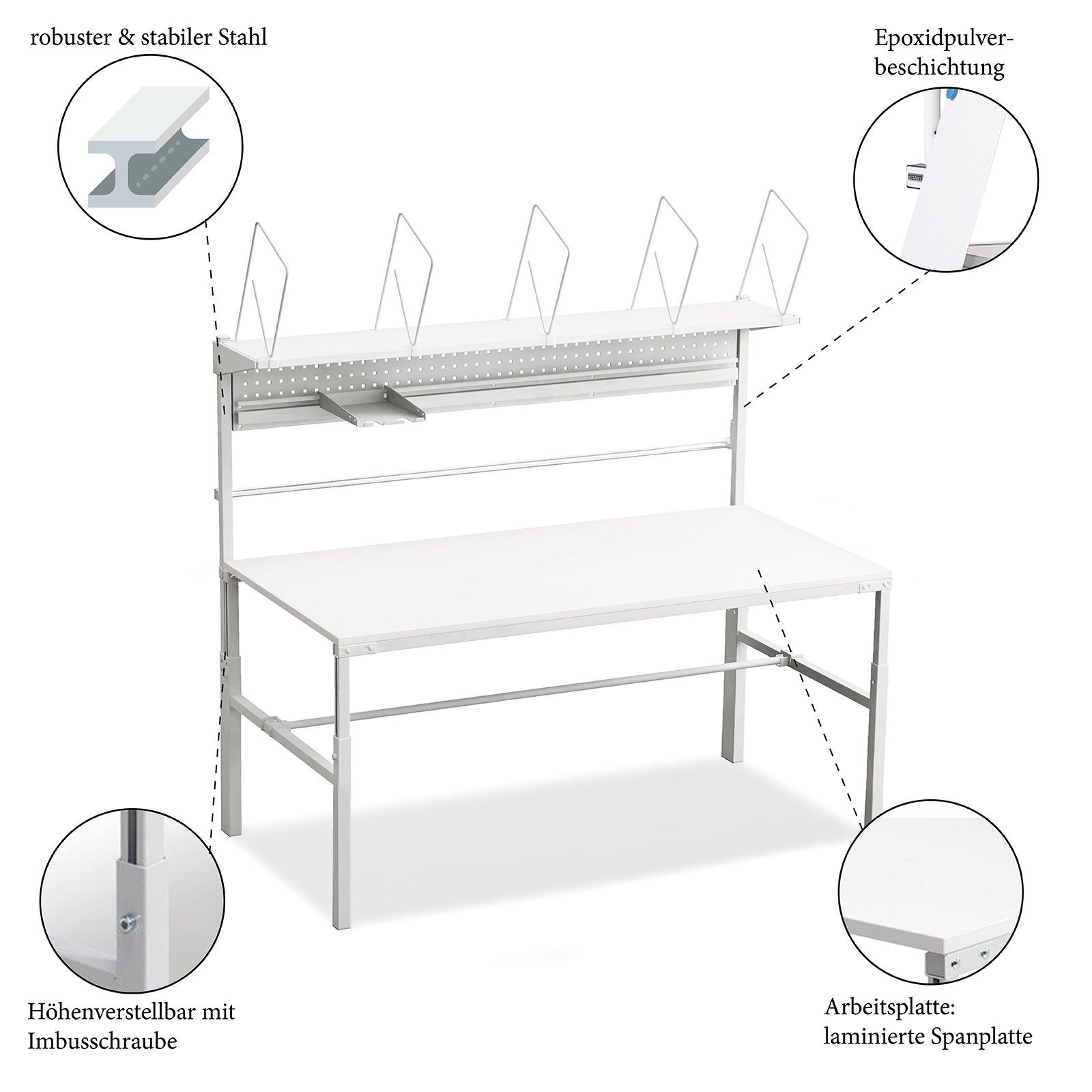 Werkbank, x cm x Papierrollenhalter belastbar 90 Stahl 65-90 300 Packtisch Arbeitstisch Midori kg 150 Grau