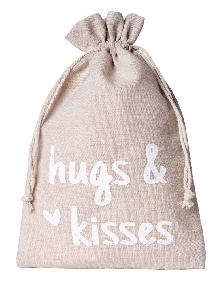 Geschenkbox 2 Geschenkbeutel, Leinensäckchen mit Gruß - huggs & kisses -