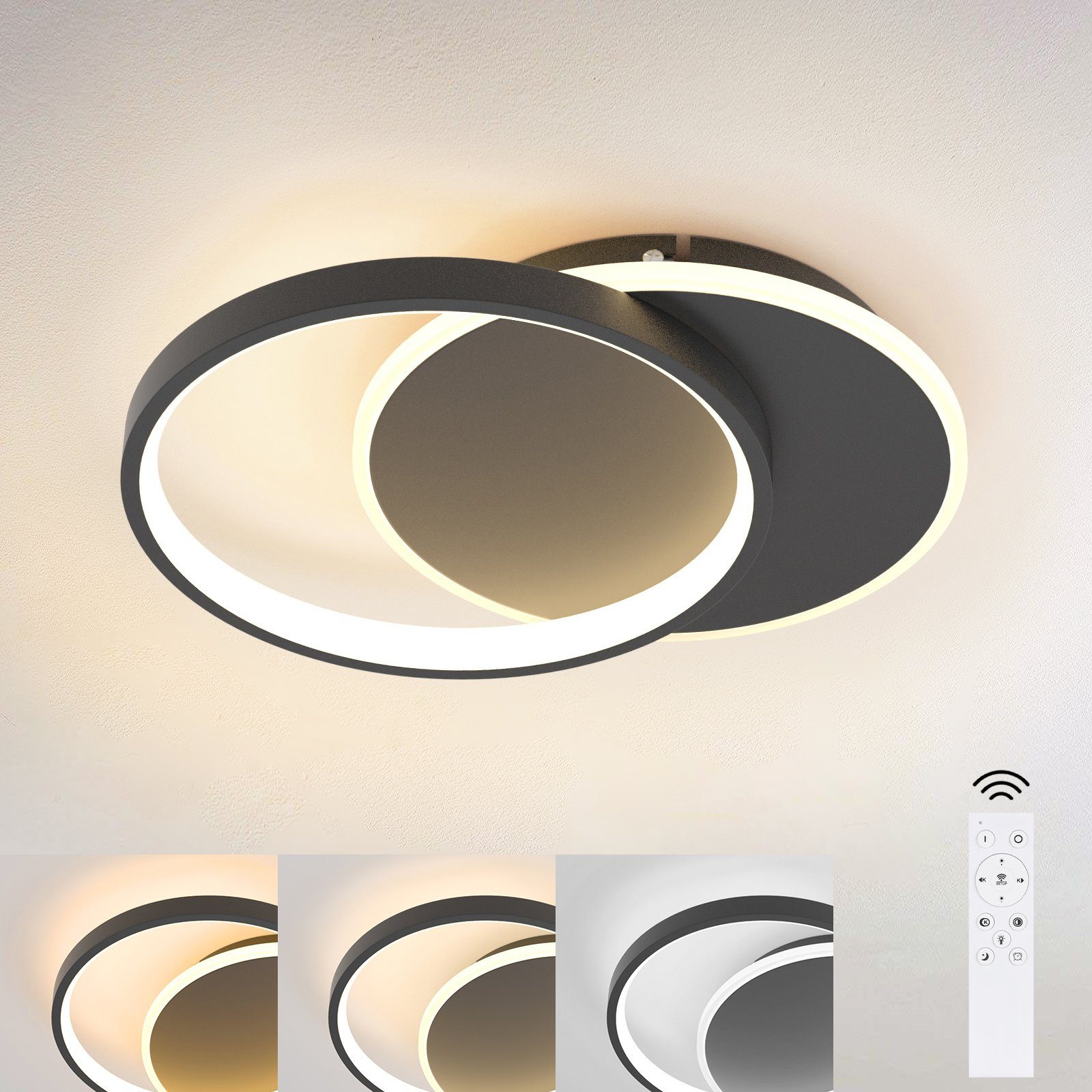 ZMH LED Deckenleuchte Dimmbar Deckenlampe Wohnzimmer mit 2 Rund Ring, LED fest integriert, Tageslichtweiß, 35W, 2800lm schwarz
