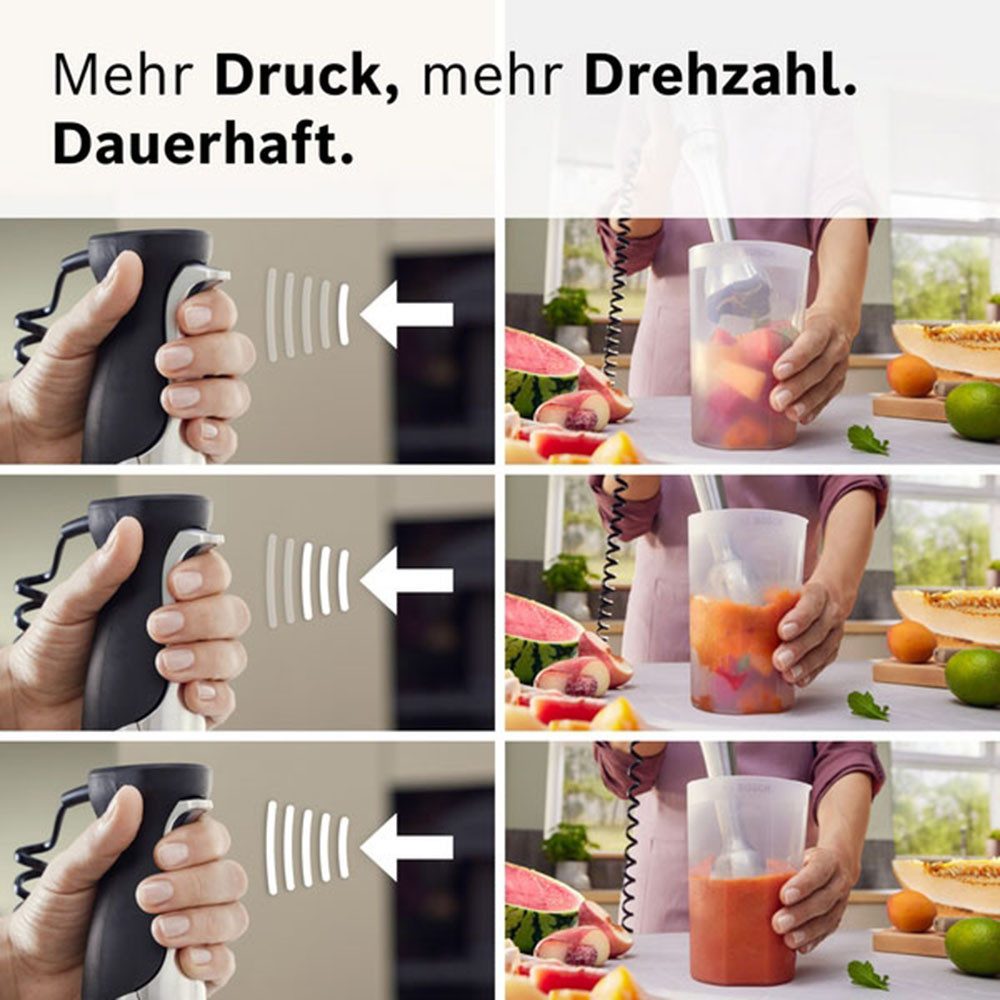 BOSCH Stabmixer ErgoMaster Serie 8, MSM8M934, Doppelschneebesen, Becher, Zerkleinerer, 1500 W, 6 Klingen Edelstahl, Spiralkabel, Keramikkupplung, luftgekühlter Motor