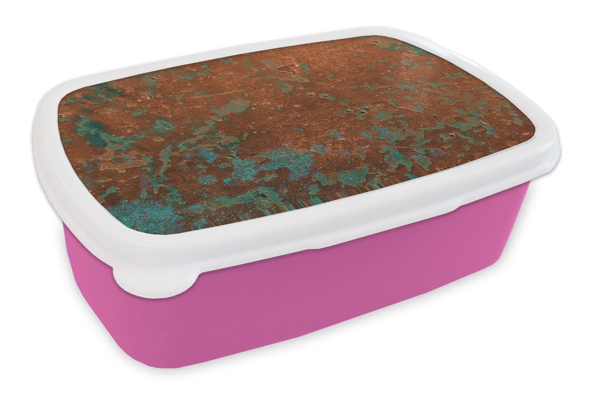 MuchoWow Lunchbox Metall - Rost - Blau, Kunststoff, (2-tlg), Brotbox für Erwachsene, Brotdose Kinder, Snackbox, Mädchen, Kunststoff rosa